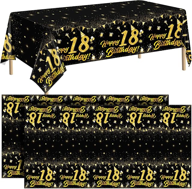durony 2 Pack 18th Birthday Tablecloth Table Cover Plastic Black Gold Happy Tablecloth Waterproof Rectangular Table Cloth Cover for Indoor or Outdoor Parties Birthday