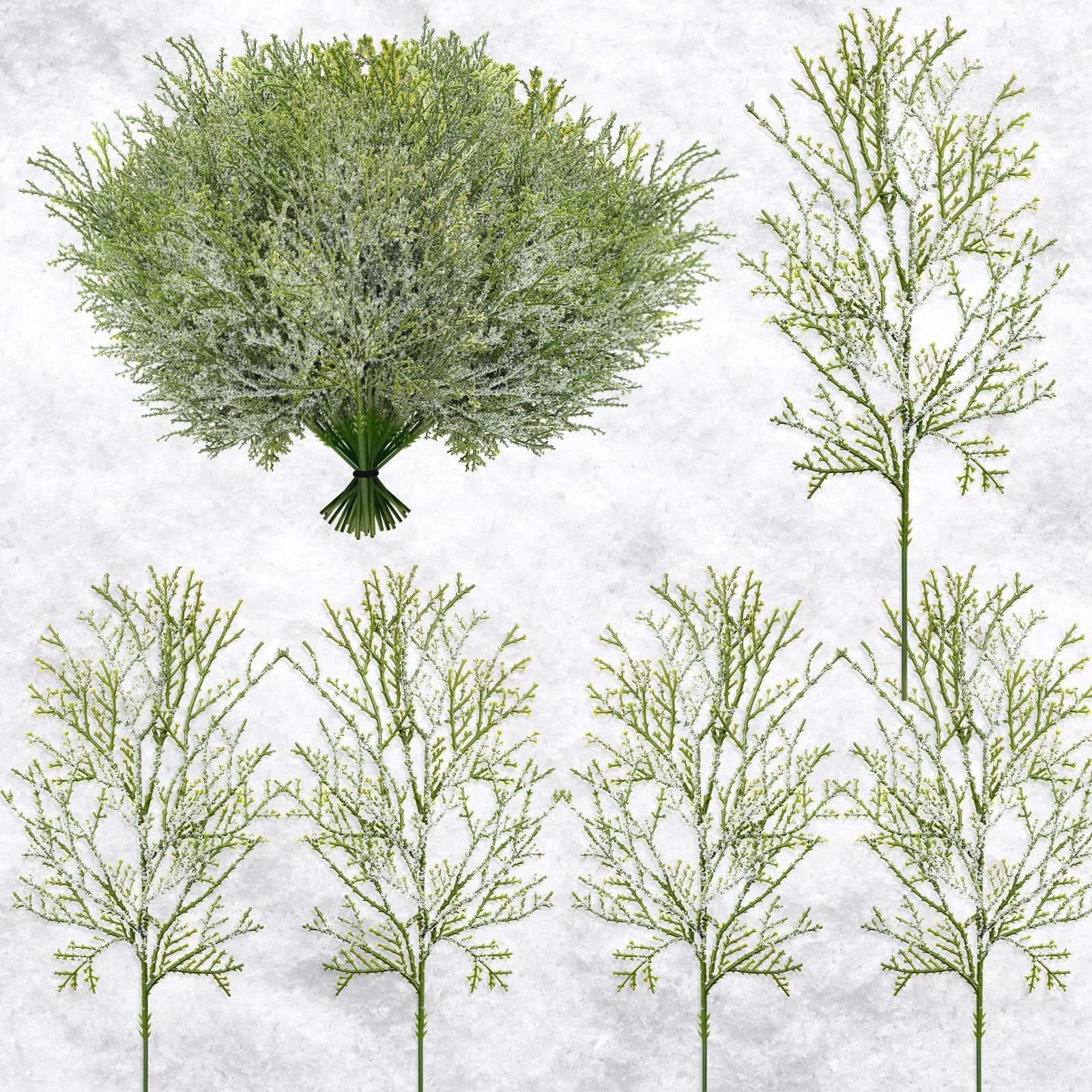 20 Pieces 16 Inch Snowy Artificial Faux Cedar Branches Christmas Faux Pine Leaves Decoration Long Greenery Pine Stems Picks for DIY Garland Home Garden Vase Table Decoration (Green and White Style)
