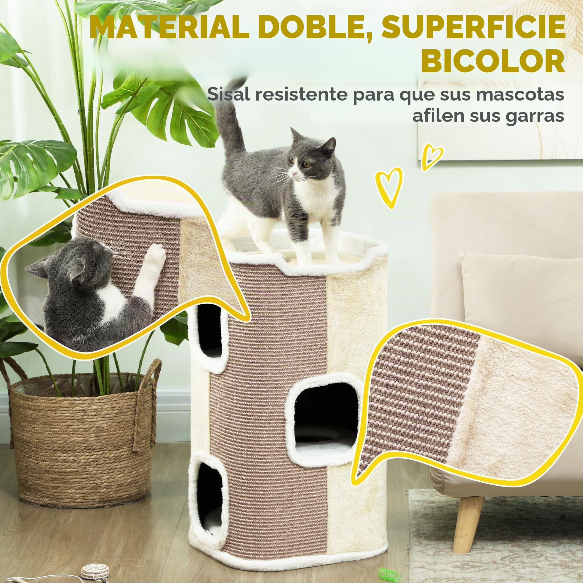 PawHut Rascador para Gatos Árbol de 3 Niveles para Gatos Trepador Aterciopelado y Sisal Beige+Blanco 40 x 40 x 74 cm