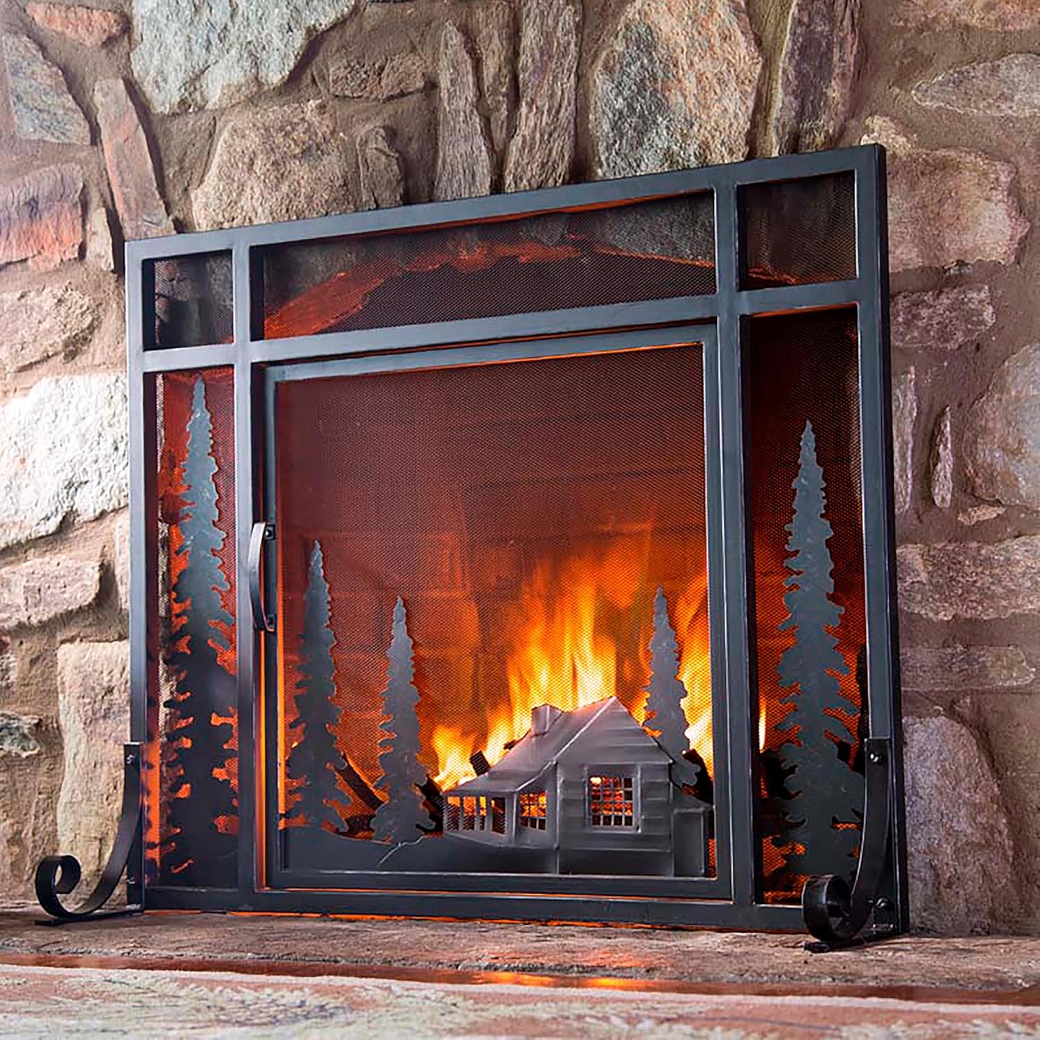 Plow & Hearth Metal Fireplace Screen Cabin Black | 44" W x 33" H | Magnetic Hinged Door | Spark Guard Cover | Stand Alone Wrought Iron Panel Fire Place Cover