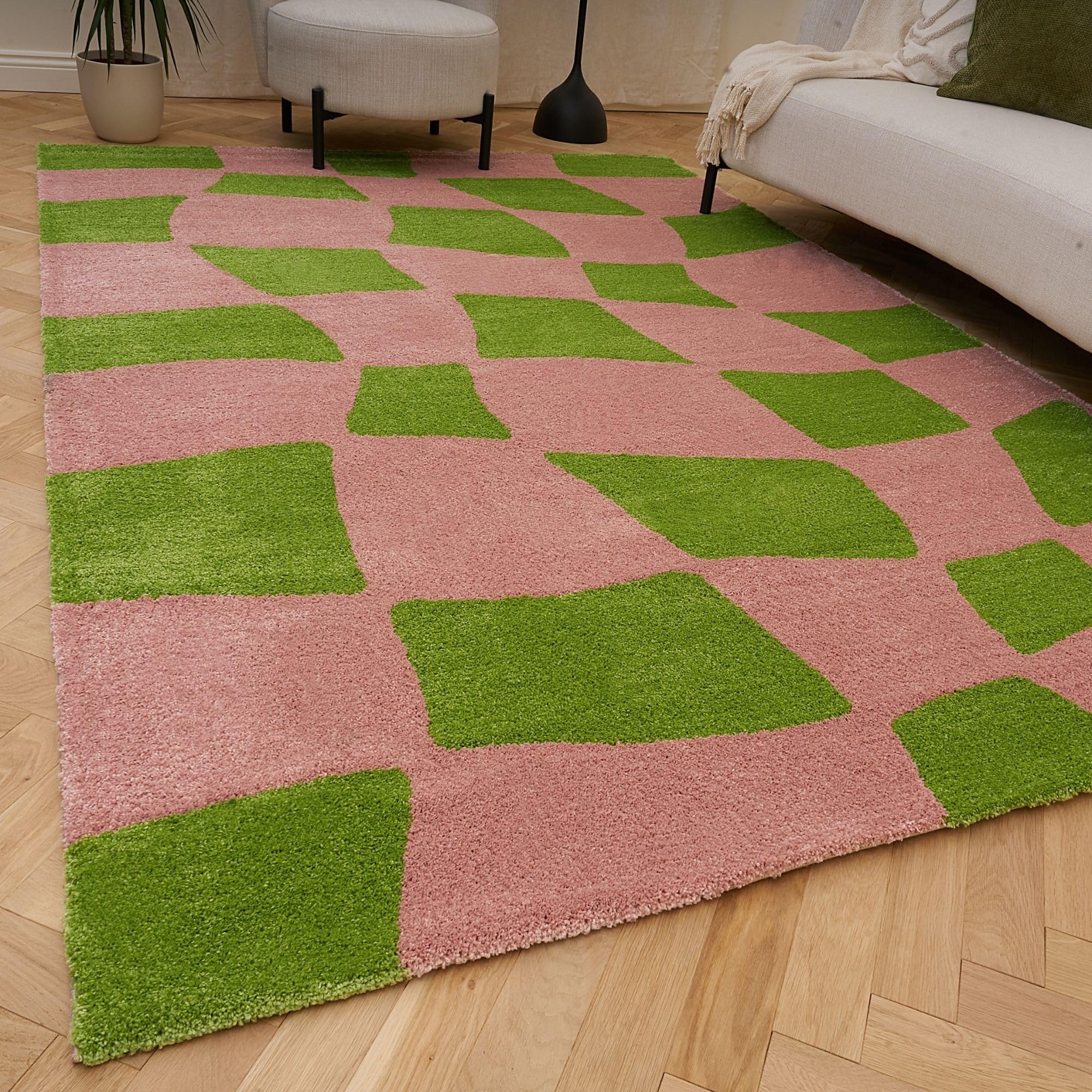 THE RUGS Joli Chequered Soft & Dense Pile Living Room & Bedroom Rug in Green | Size: 200cm x 290cm
