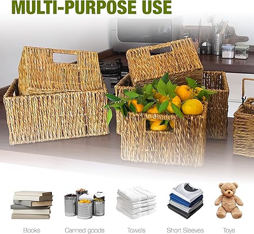 Miniatura 11 de Juego de cestas de mimbre  Contenedores de almacenamiento apilables para organizar despensa y cocina  1 cesta grande + 2 cestas pequeñas con asa