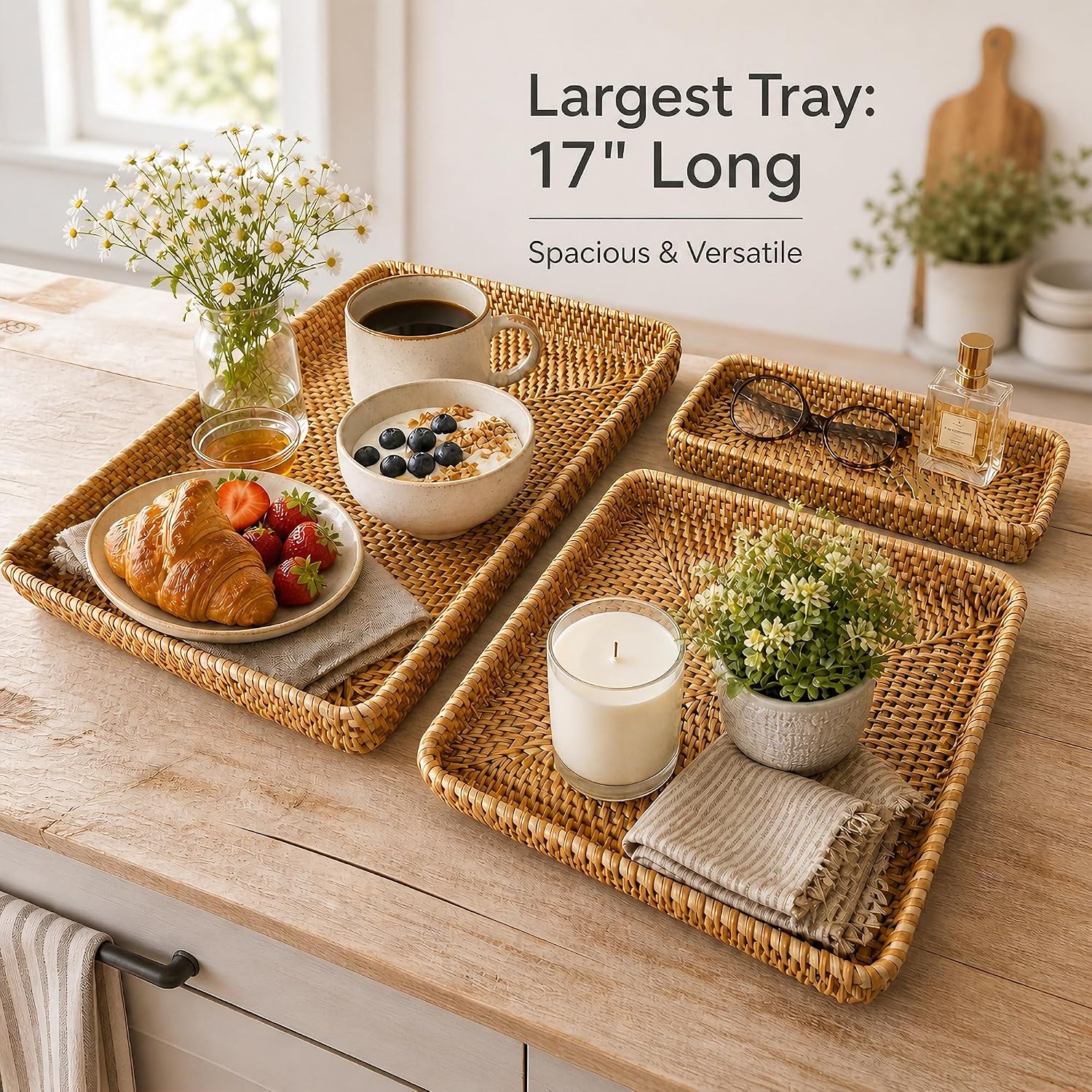 i-lan 17" Large Rattan Nesting Serving Trays, Handwoven Wicker Set of 3 image 2