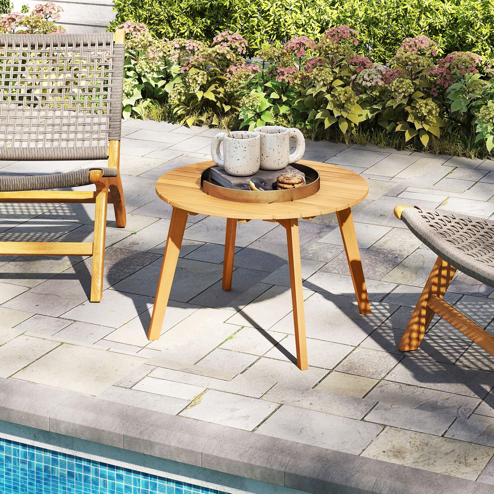 COSTWAY Tavolino da Esterno Rotondo 62 cm, in Legno Massello, Tavolino Laterale Basso da Giardino, Piccolo Tavolo da Caffè per Interno, Balcone, Terrazza e Patio, Montaggio Semplice
