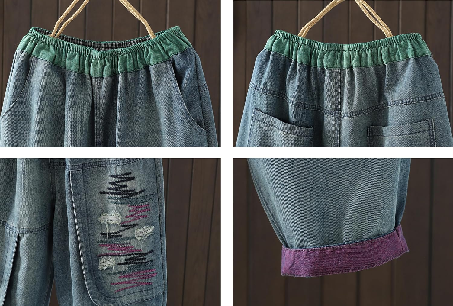 LAI MENG FIVE CATS レディース バギージーンズ パターン ゴムウエスト カジュアル ハーレムパンツ バレル デニム