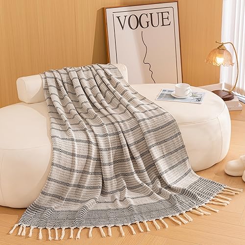 Miniatura 3 de Peshtemania Manta bohemia de algodón de alta calidad, 50 x 60 pulgadas, color gris, blanco y negro, para cama, sofá, exterior, granja, turca, para