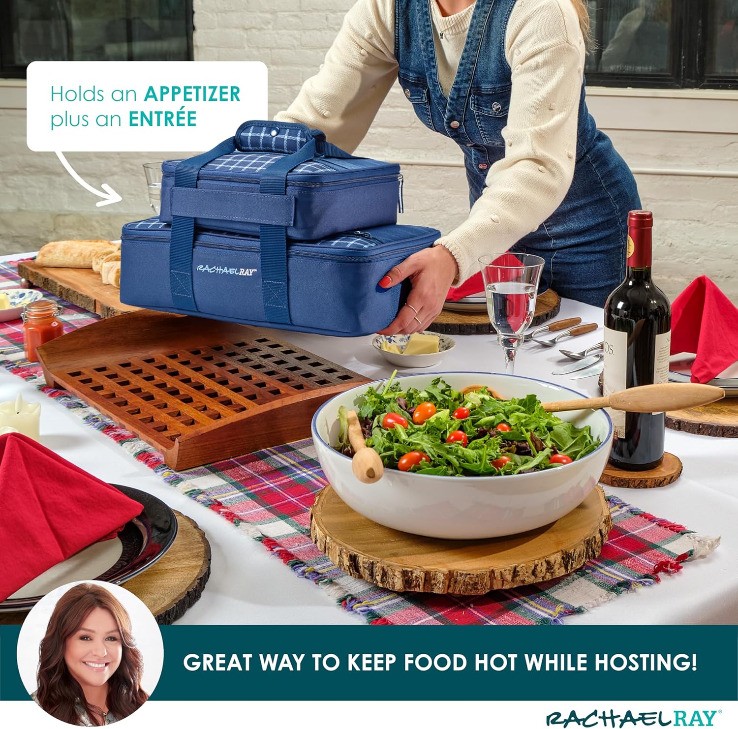 Rachael Ray Lugger Duo, Insulated Casserole Carrier for Hot or Cold Food, Thermal Lasanga Lugger Tote for Potluck, Parties, Picnic, and Cookouts, Fits 9" x 13" Baking Dish, Navy Gingham