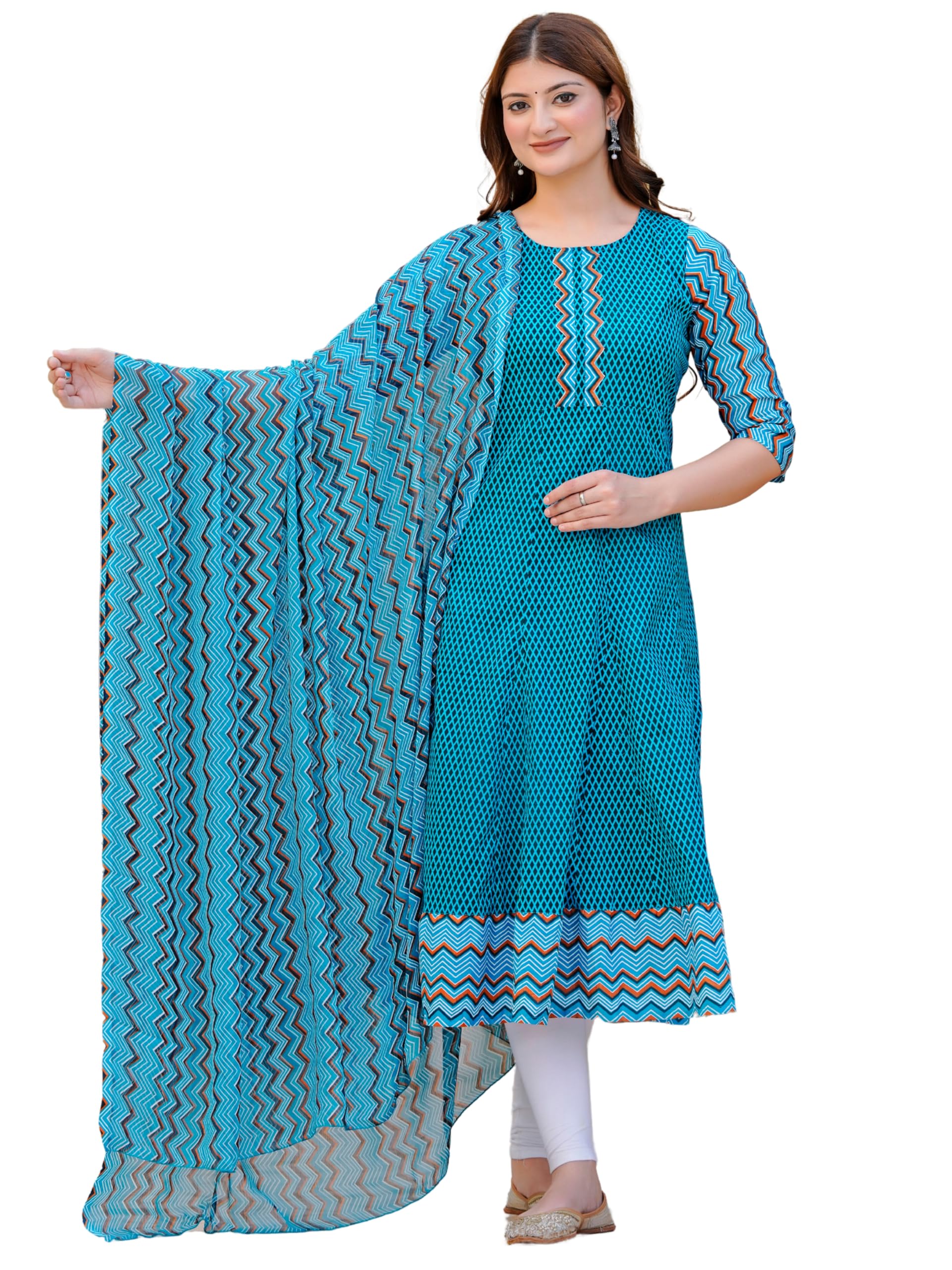 Yash Gallery Women's Cotton Relaxed Fit A Line Rayon & Cambric Zig-Zag Printed A-Line Kurta & Duptta