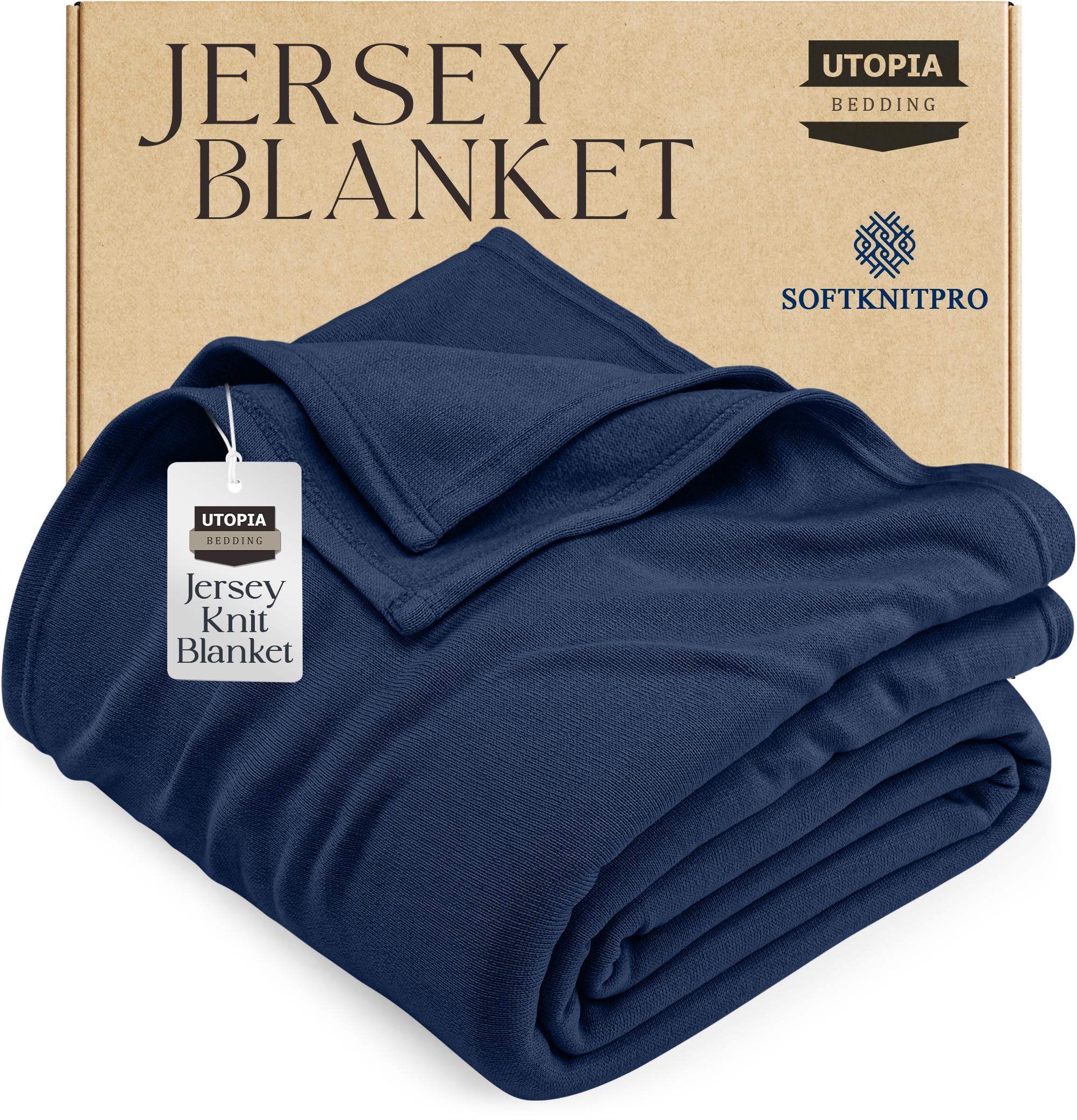 Utopia Bedding Knit Blanket Queen Size (90x90 Inches, Navy) Soft Lightweight Jersey Breathable Sweatshirt Blanket for Bed,Couch & Sofa