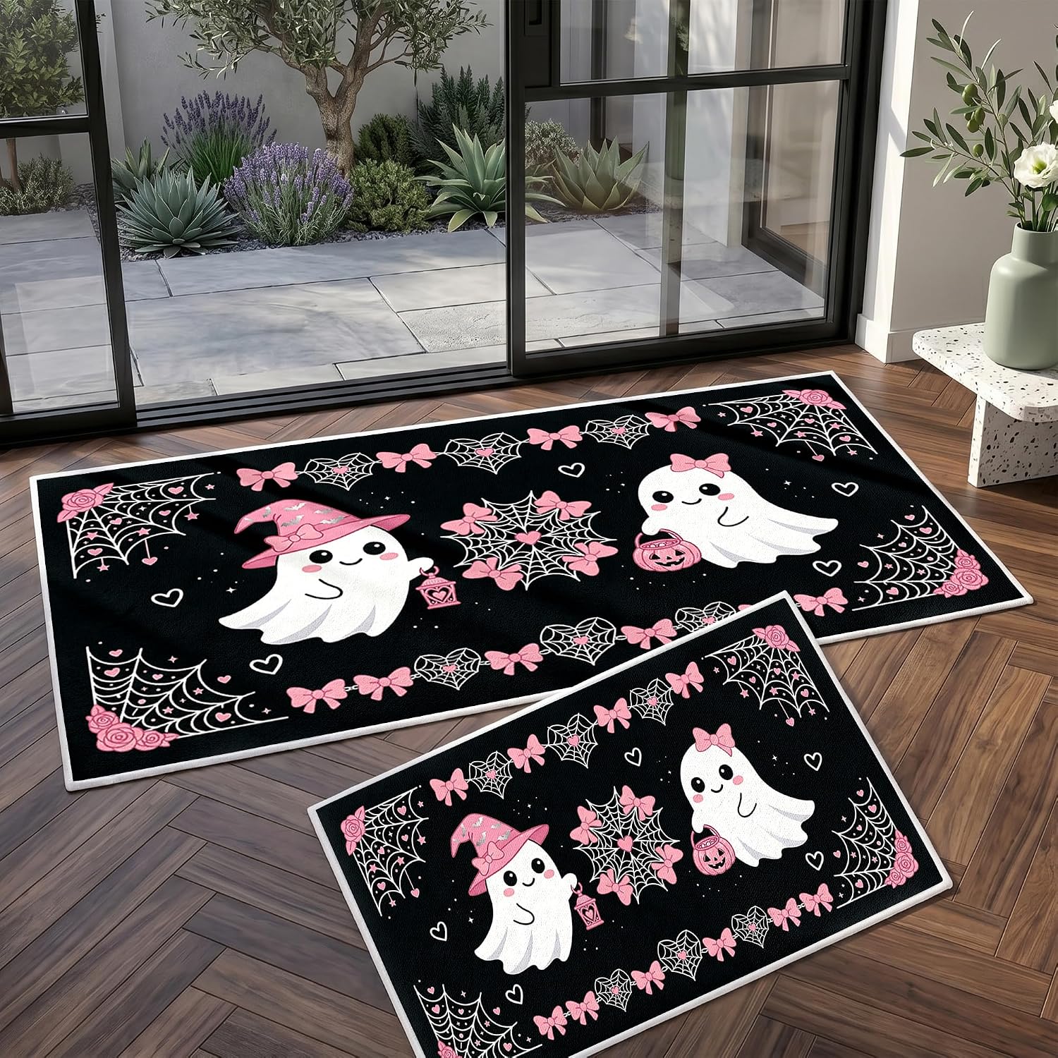 Cute Pink Halloween Kitchen Rugs Set of 2, Non Slip Washable Ghost Door Mat, Bow Indoor Fall Entryway Doormat, Kawaii Black Pink Decor Runner Mat for Kitchen Sink, Bathroom, Entry