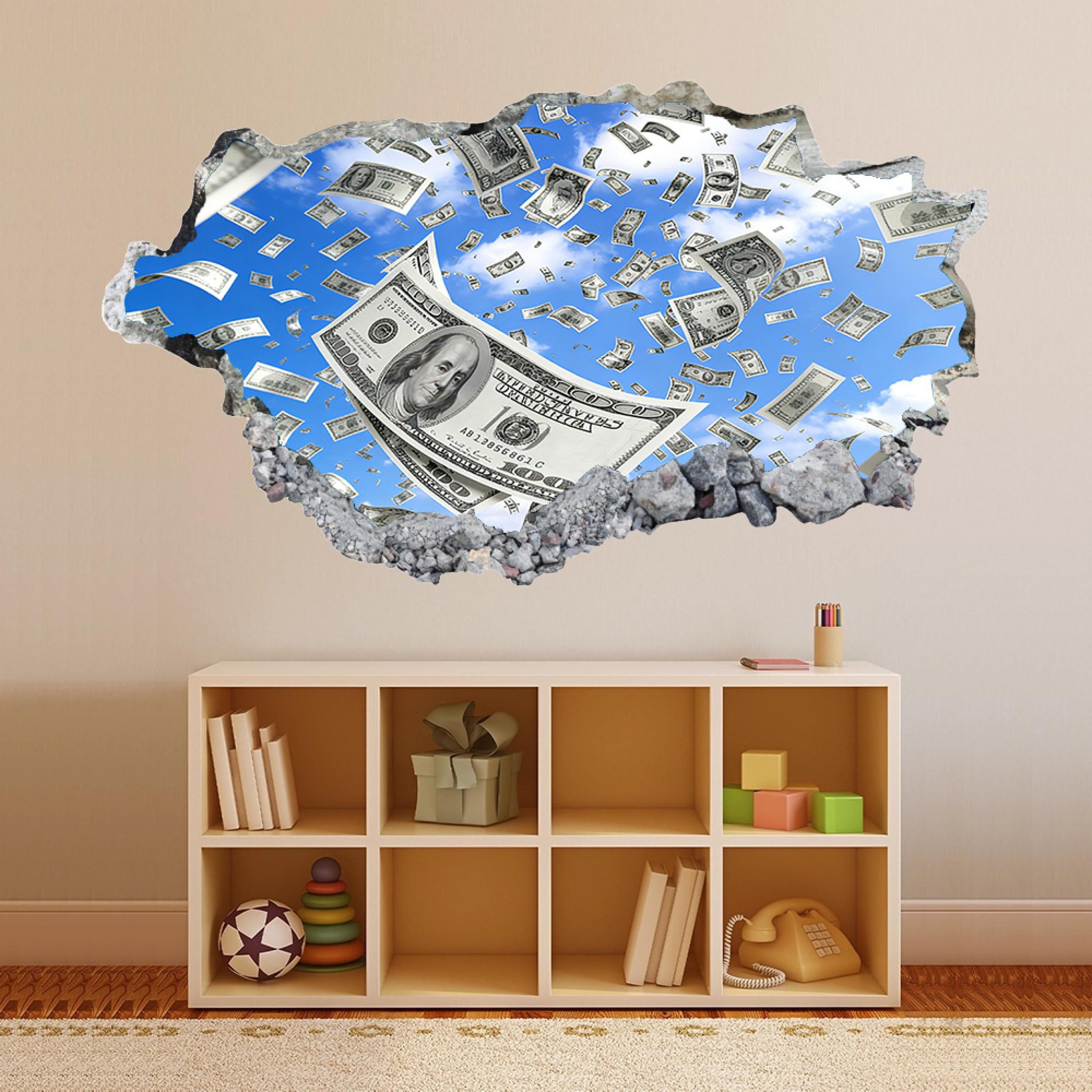 Adesivi decorativi da parete 3DNuvola Di Valuta Adesivi murali Decalcomanie murali 3D fracassate Wall Vinyl Family for Camera da letto Soggiorno Nursery Home Wall Décor 58x101cm