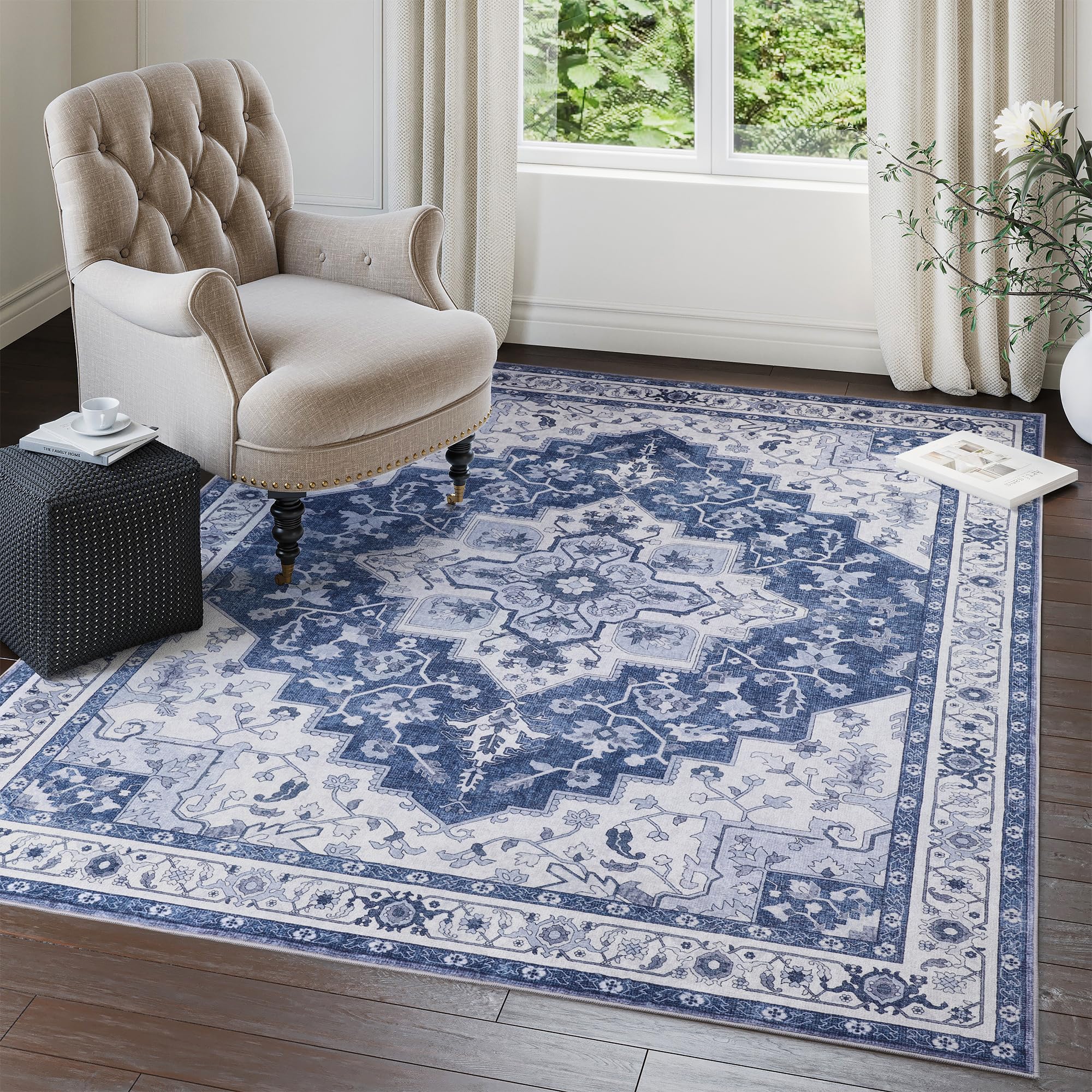 Washable Rug - Anti Slip 6x9 Area Rug, Machine Washable Area Rugs for Living Room, Stain Resistant Bedroom Rug (6'x9', Navy)