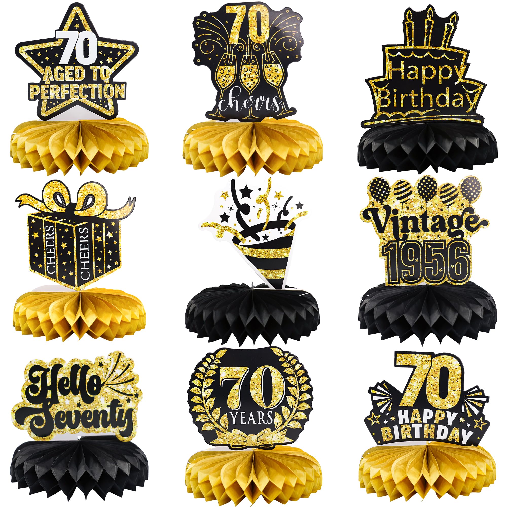 Gyufise 9 Pack 70th Birthday Decoration for Men Women 70th Birthday Table Decorations Cheers to 70th Birthday Honeycomb Centerpieces 1956 Table Topper Black and Gold 70th Birthday Party Favors