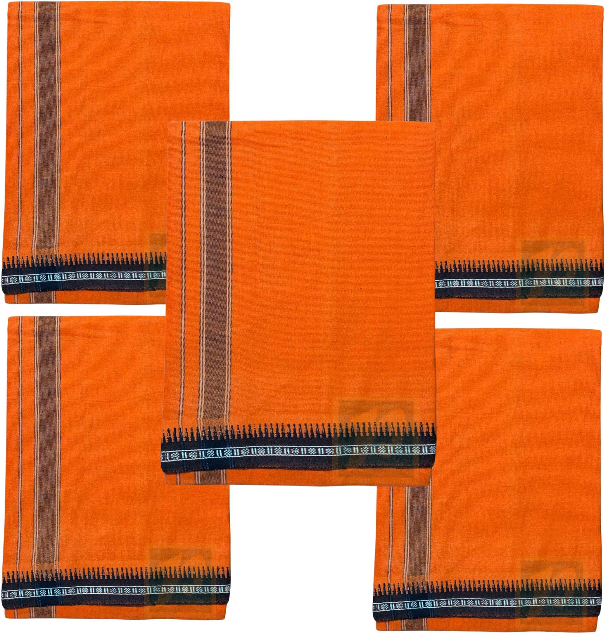 Prakasam Cotton Mens Single (1.28 X 2.00 Mtrs) Colour Thalapathi Border Dhoties/Fine Quality Single Dhoties (Orange)-Pack Of 5 Dhoties