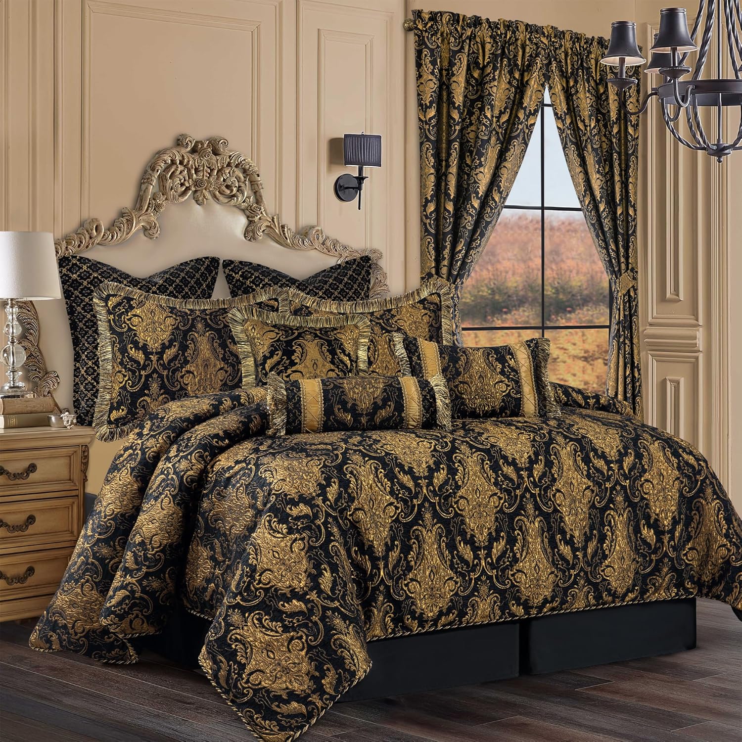 Loom and Mill 9-Piece Jacquard Comforter Set, Luxury Classic Black Damask Jacquard Comforter Queen Sets, Ultra Soft Bedding with Euro Shams, Bedskirt, Filled Decorative Pillow for Home Bedroom(Queen) - Image 2