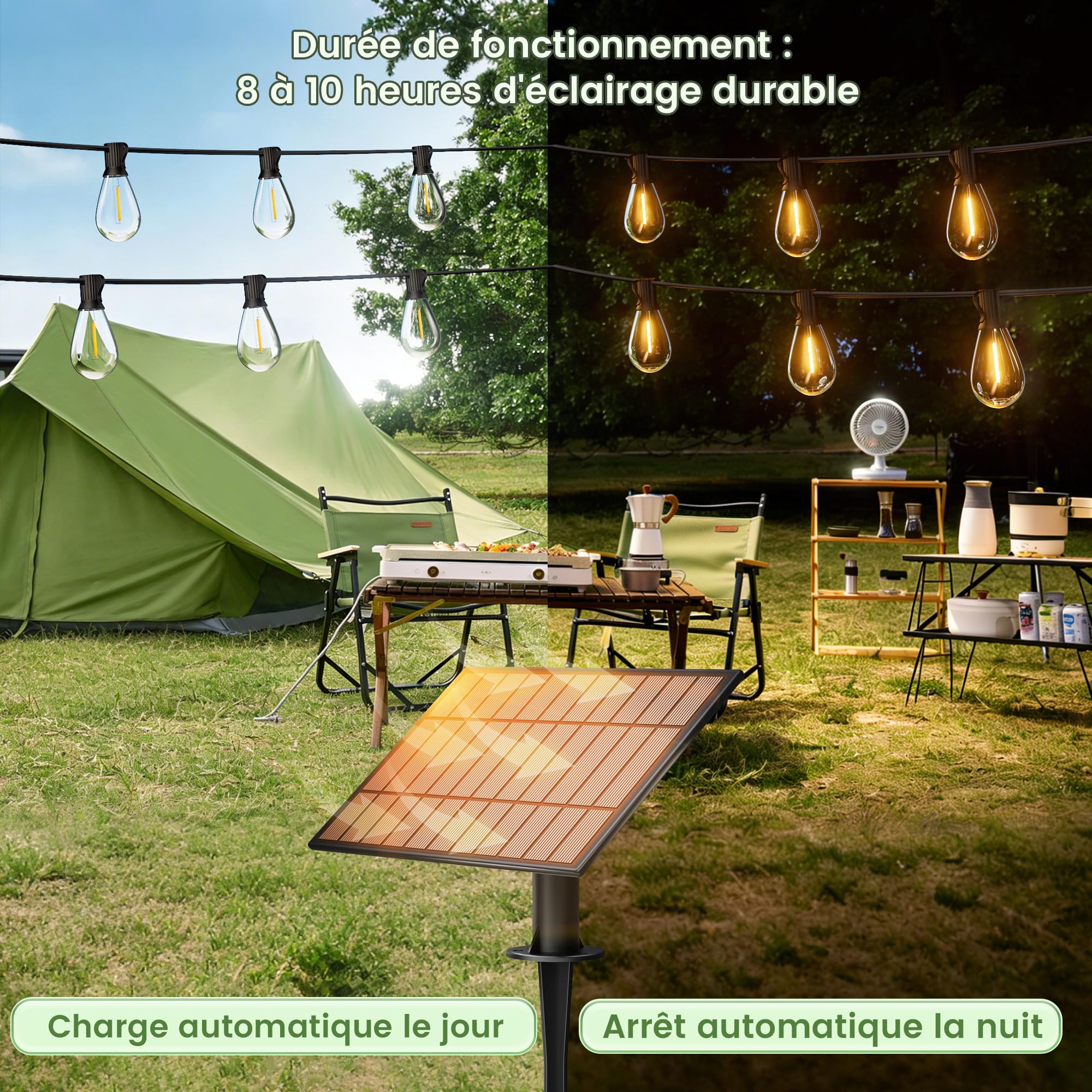 OHLUX Guirlande lumineuse solaire d'extérieur de 45,7 m avec télécommande, 62 ampoules LED S11 à intensité variable, étanchéité IP65, incassable, 2200 K, lampe suspendue E12 pour terrasse