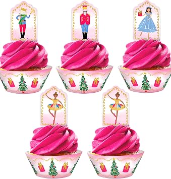 Nutcracker Cupcake Kit - 48 Pieces - Toppers and Wrappers - Christmas Party Decorations - Party Supplies - Pink Cupcake