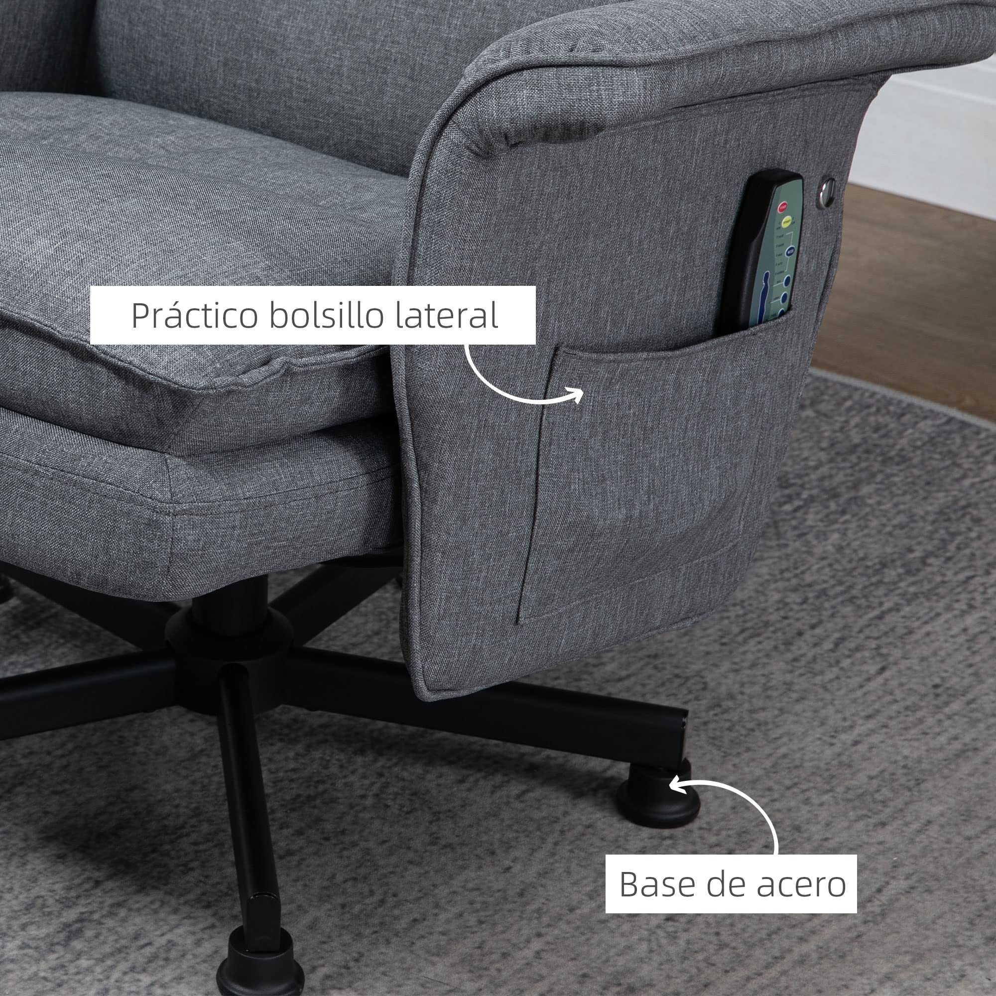 HOMCOM Sillón de Masaje Relax Eléctrico con Reposapiés 78x93x99 cm Gris | Sillón Masaje, Tapizado en Lino, con Mando a Distancia, 8 Zonas, Carga 120 kg