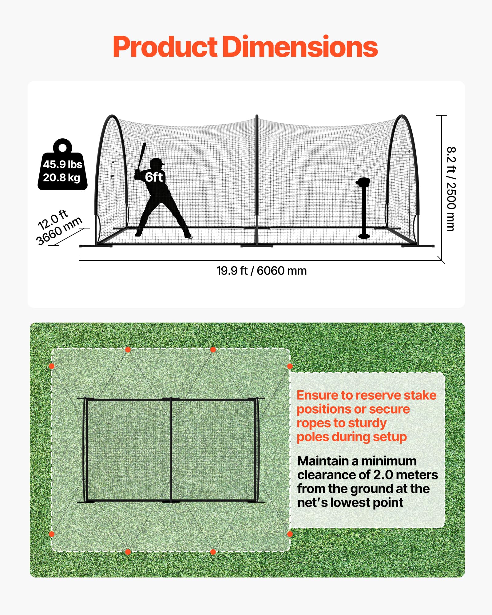 VEVOR Gabbia da Battuta Pop-Up di Baseball 6060 x 3660 x 2500 mm, Gabbia da Battuta Portatile Indipendente con HDPE Annodato a 30 Strati e Apertura per Macchina da Lancio, per Interni ed Esterni