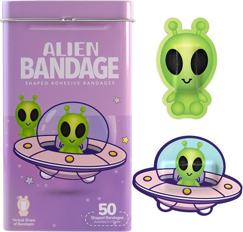 BioSwiss vendajes, juego de vendajes autoadhesivos con forma de alienígena de Halloween, sin látex, cuidado de heridas estéril, 50 unidades