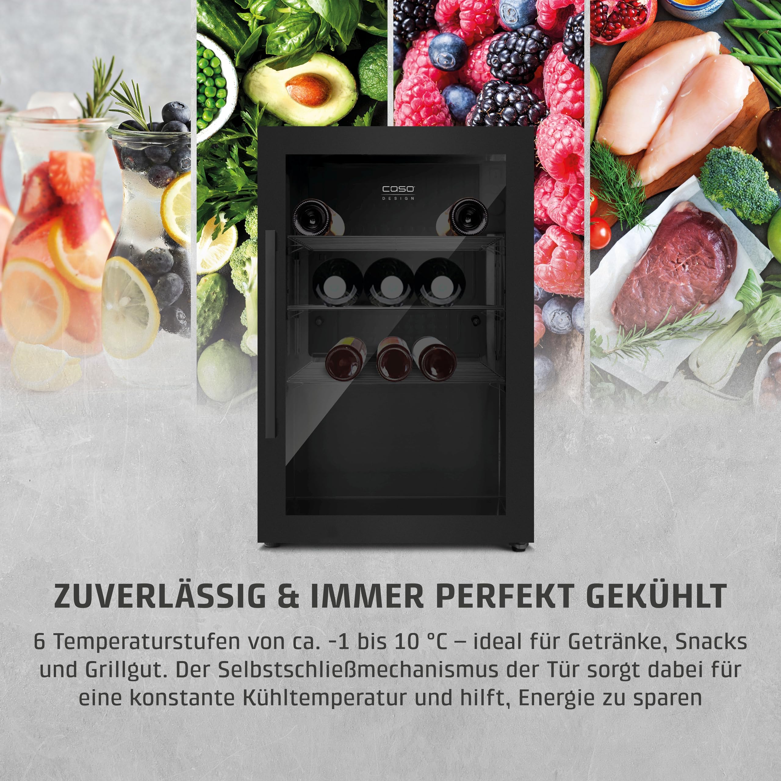 Caso BBQ Cooler S-R Black Kühlschrank 63L Türanschlag rechts Temperatur -1-10°C IPX4 Spritzwasserschutz UV Sicherheitsglas abschließbar
