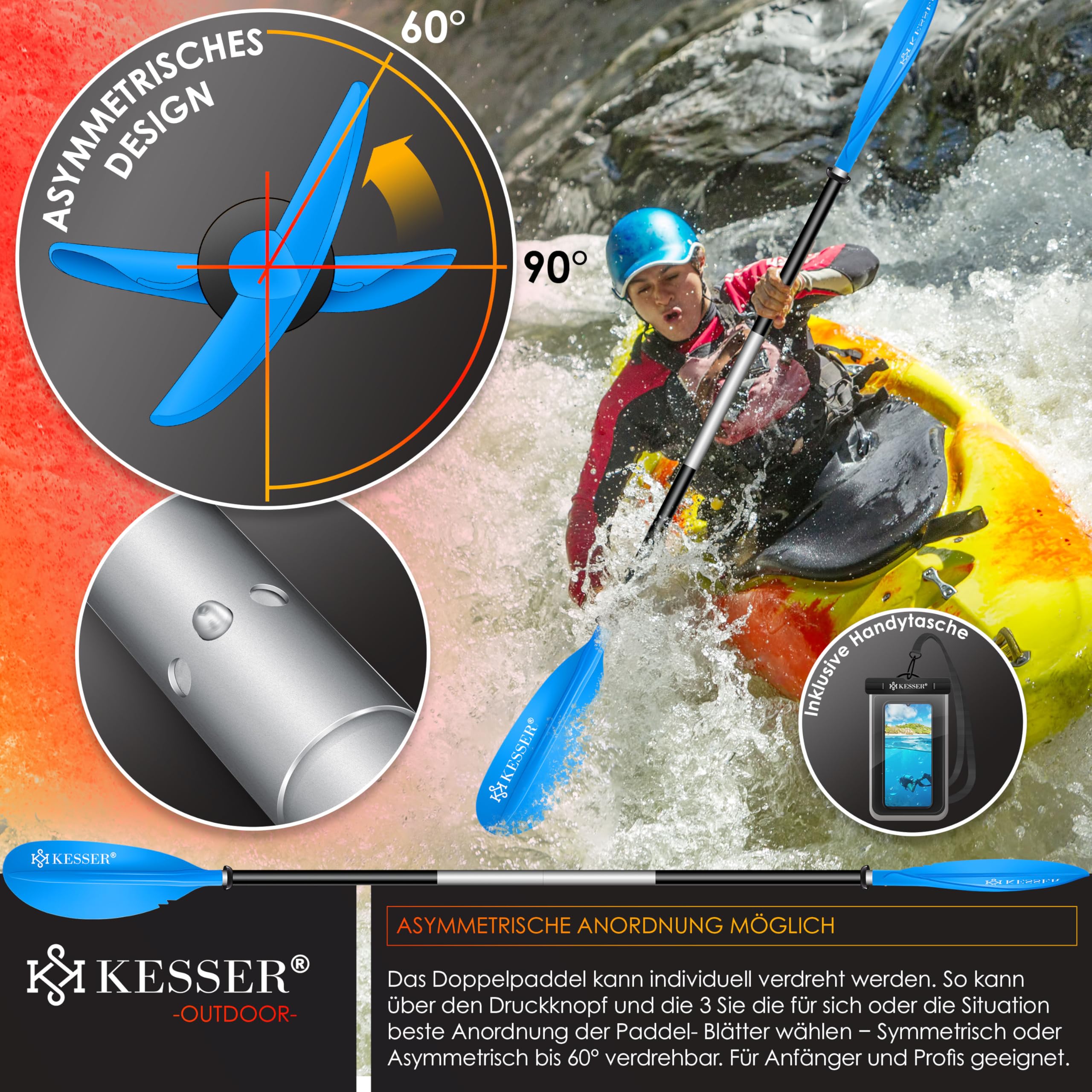 KESSER® Paddle Doppelpaddel - 4-teilig für Kayak SUP Stand-Up Paddling Board Stechpaddel, 228cm Aluminum Perfekt für Schlauchboot, Stand Up Paddel Inkl. Sicherheitsschnur, Handyhülle, Surfboard Boot