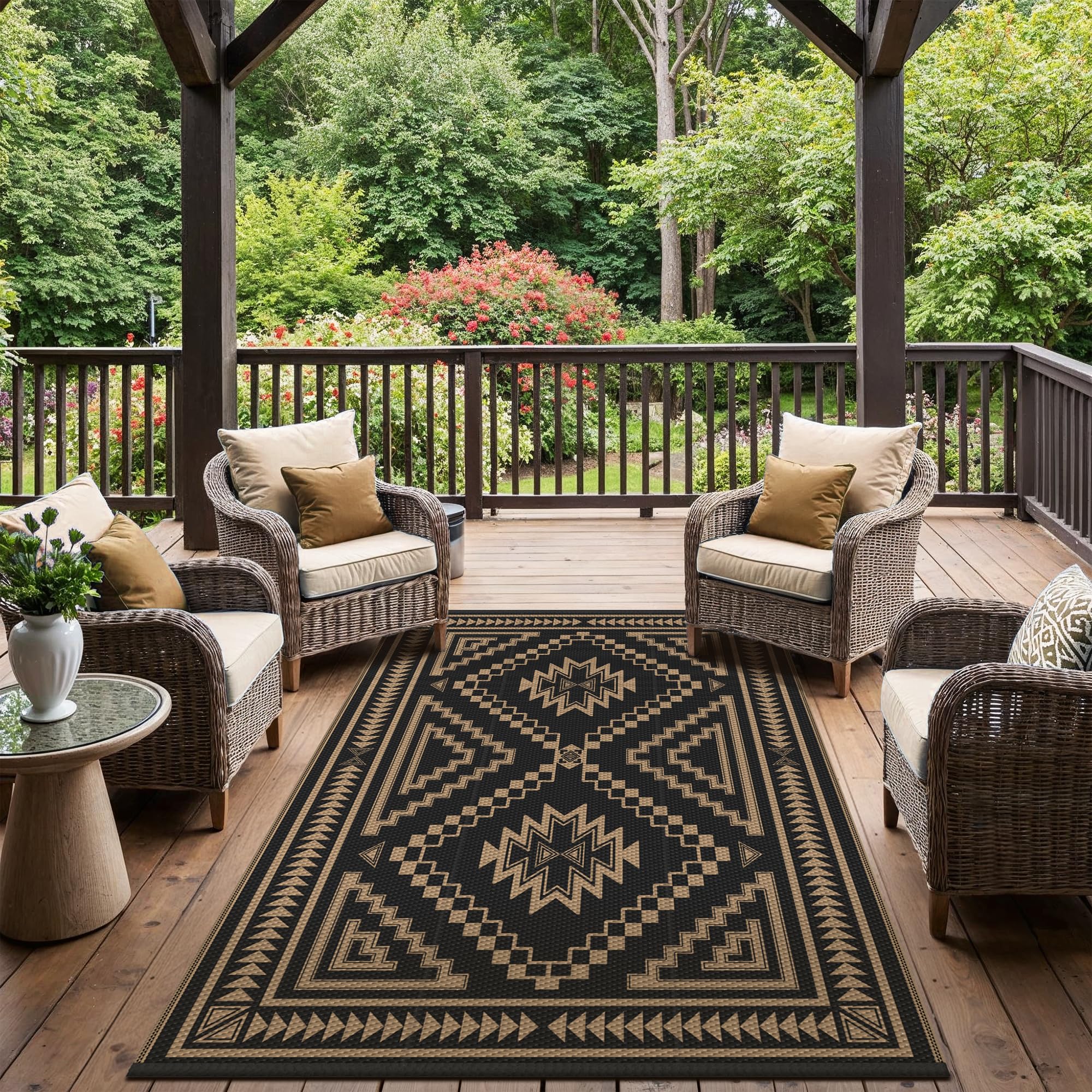 GENIMO Tappeto per Esterni 9x12 FT (270x360 cm), Impermeabile e Reversibile, Losanga Motivo Nero e Marrone per Terrazza XL, Giardino, Eventi – Design Boho Chic