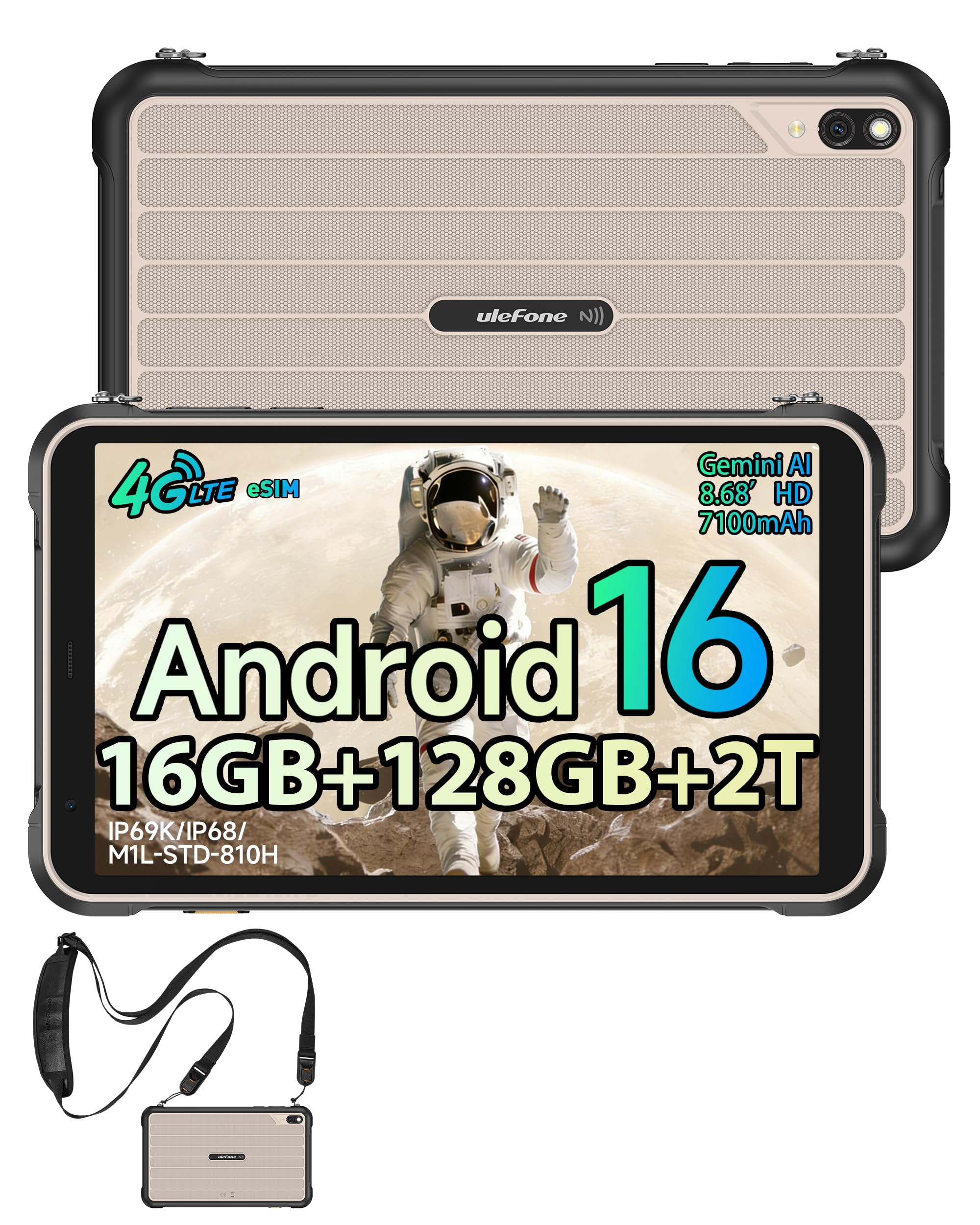 Ulefone RugKing Pad Pro Tablet Rugerizada Android 16, 16GB +128GB ROM/2TB Rugged Tablets 8.68 Pulgadas Vidrio Corning, Octa-Core Tableta Gaming 7100mAh, 16MP+8MP Cámara Dual SIM 4G/eSIM/NFC/GP-Gris