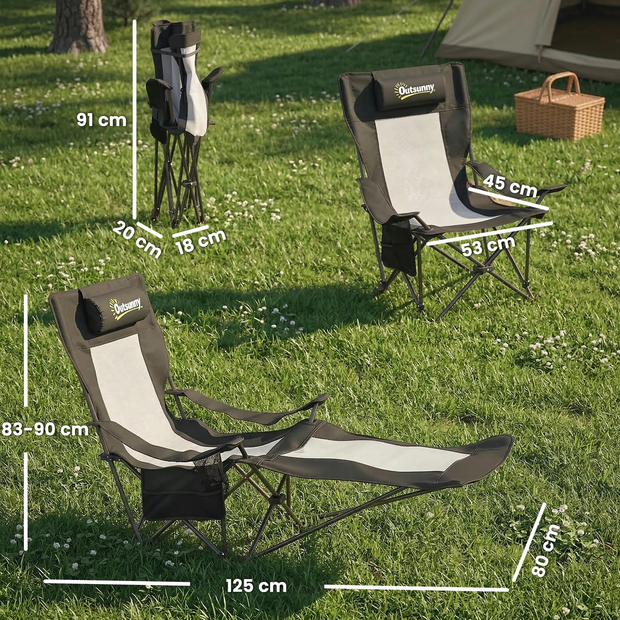 Outsunny Conjunto de 2 Sillas Plegables Camping Tumbonas Camping Portátiles con Respaldo Ajustable 4 Niveles Reposapiés Desmontable Reposacabezas Portavasos Bolsillo Lateral Bolsa Carga 120 kg Negro