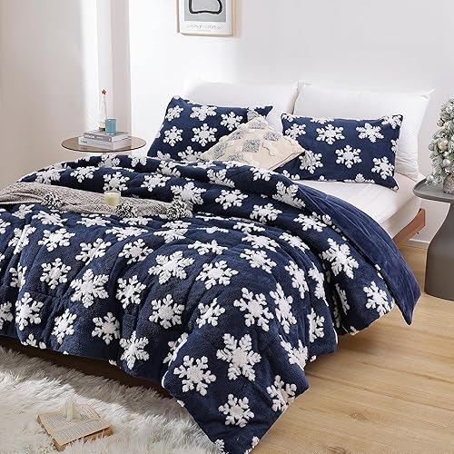 Miniatura 2 de JANZAA Juego de edredón de Navidad tamaño Queen, color azul marino, tamaño Queen con copos de nieve blancos, estereoscópico, juego de ropa de cama