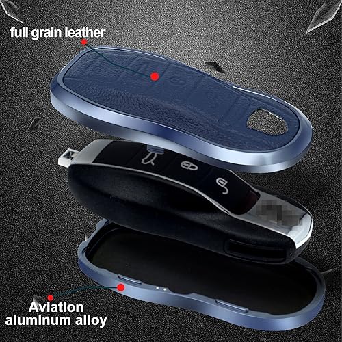 Miniatura 4 de Funda de piel azul y aluminio compatible con Porsche Macan Cayenne Panamera 911 con 3 botones sin llave (llave antigua)