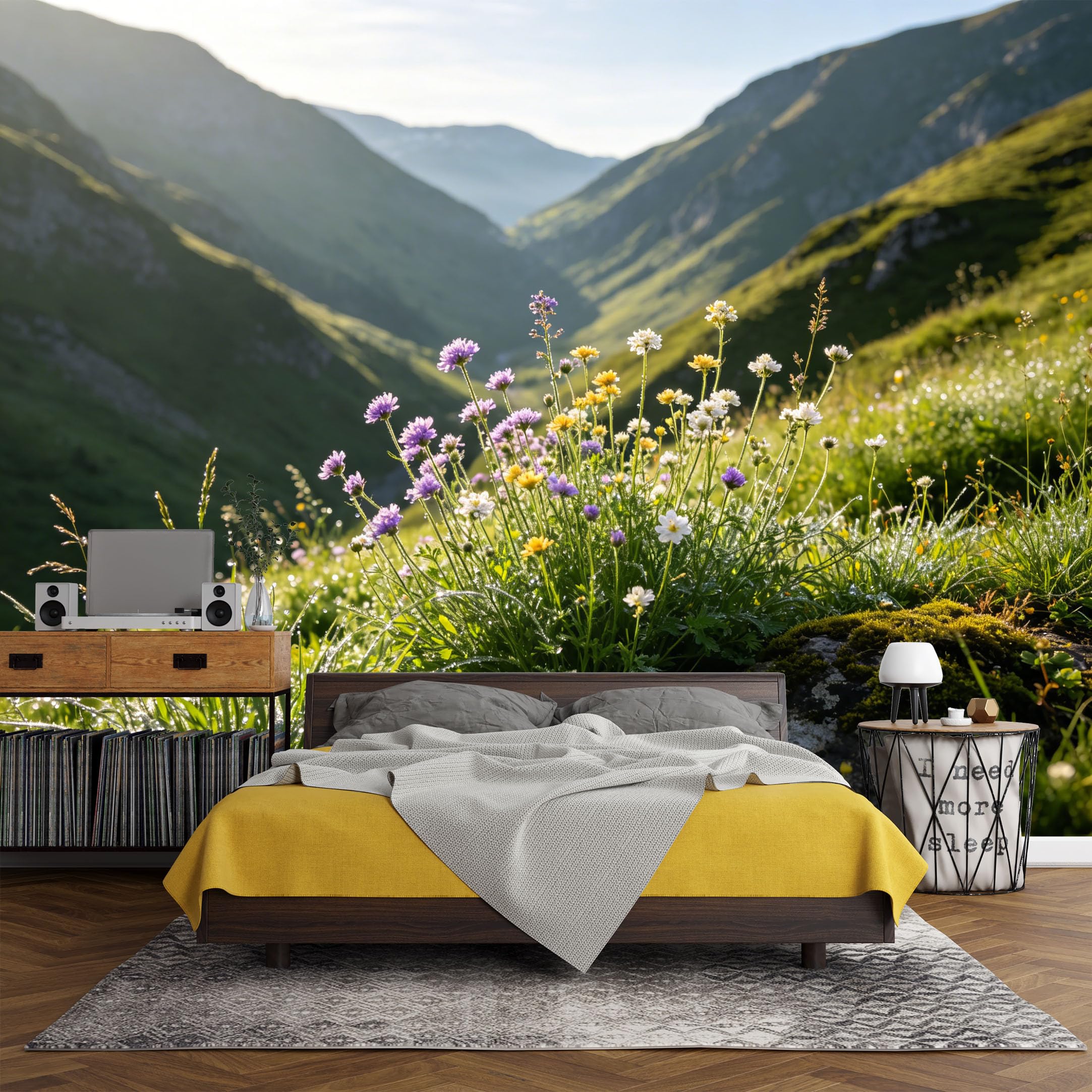 Custom Size Wall Mural， Mountain Meadow Wildflowers Sunrise Landscape， SelfAdhesive Art Prints wall Fabric (No PVC) Removable Wallpaper Living Room Decor