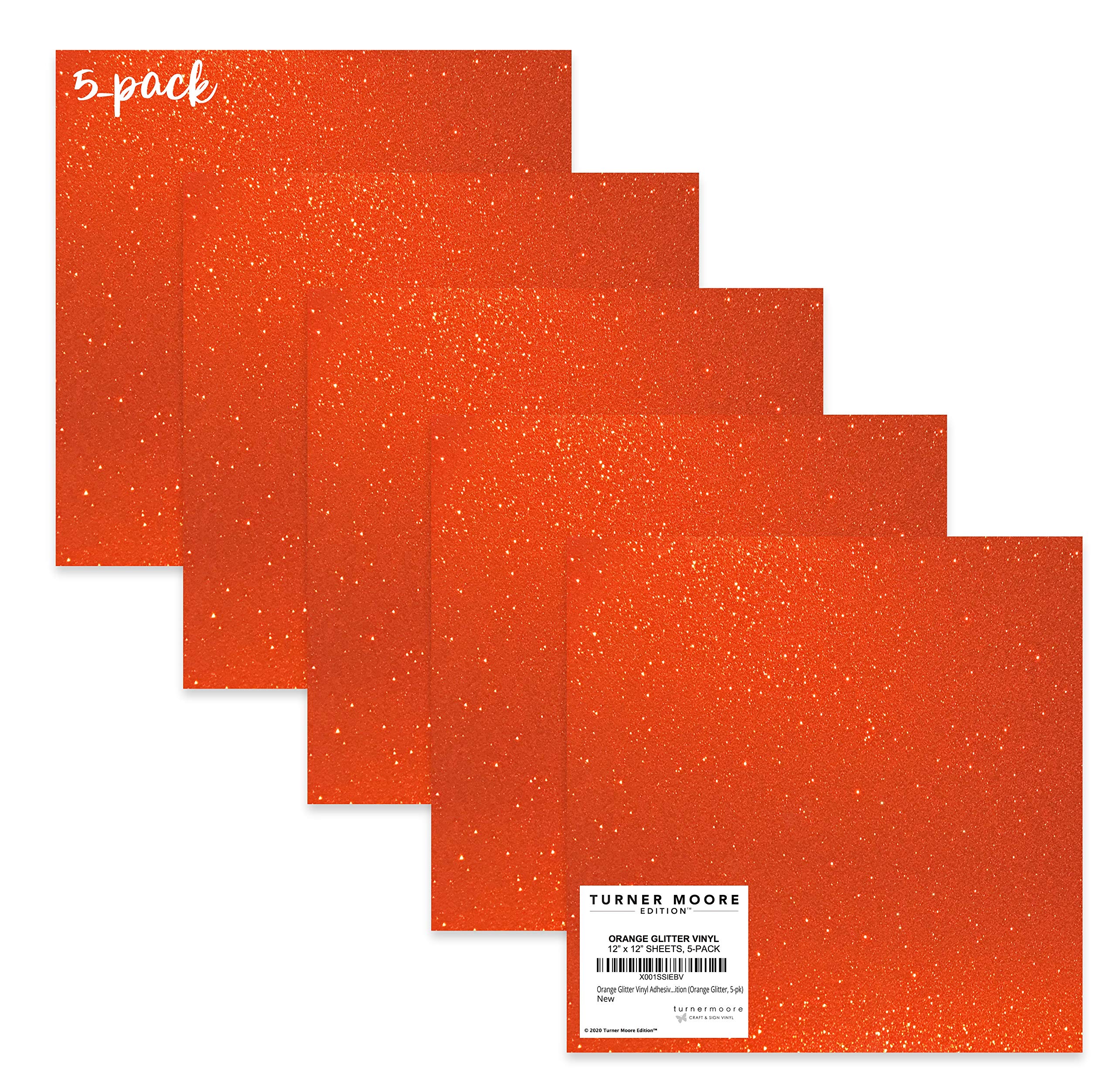 Turner Moore Edition Orange Glitter Vinyl Adhesive 12x12, 5-Pack Transparent Glitter Vinyl Sheets for Cricut, Crafts, Scrapbooking, Stickers, Decals for Bottles and Tumblers