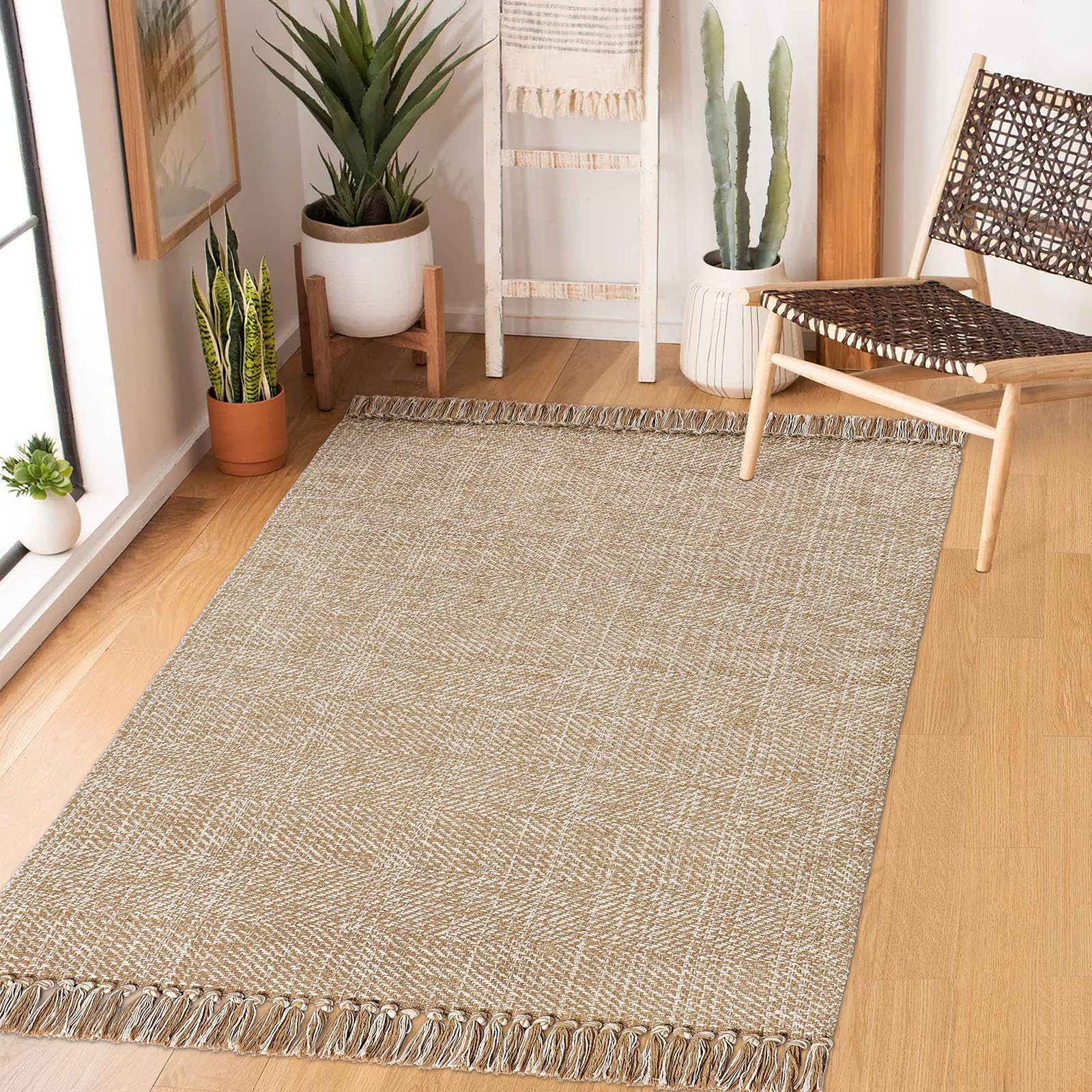 BUAGETUP Tapis bohème lavable en coton tissé à la main – Tapis rustique lavable pour chambre à coucher, salle de bain, évier, chambre à coucher – 91 x 152 cm – kaki