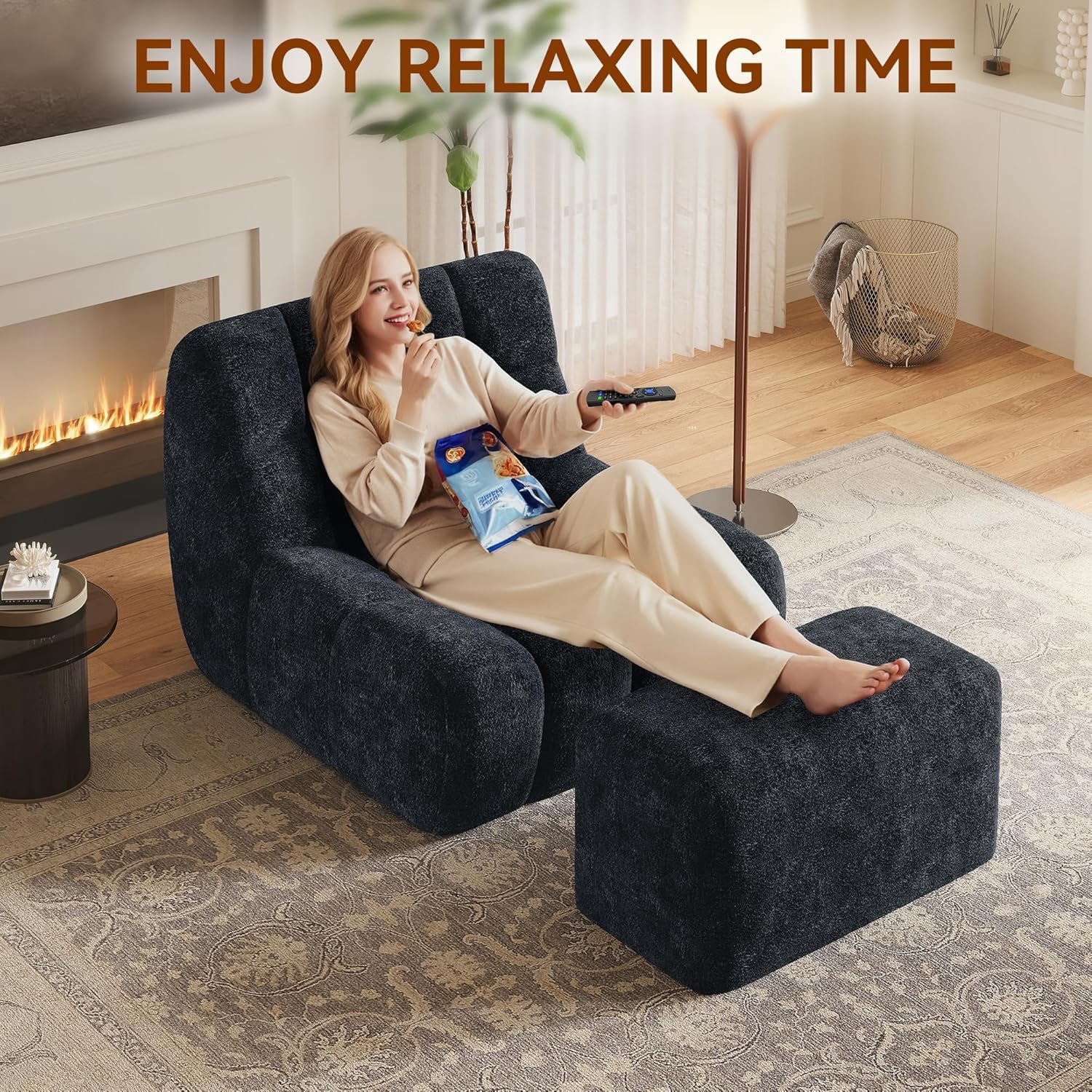Bean Bag Chair, Giant Bean Bag Couch for Adults and Kids with Memory Foam, Comfy Reading Chair for Bedroom, Living Room, Ultra Soft & Back Support, with Footrest,(Black)