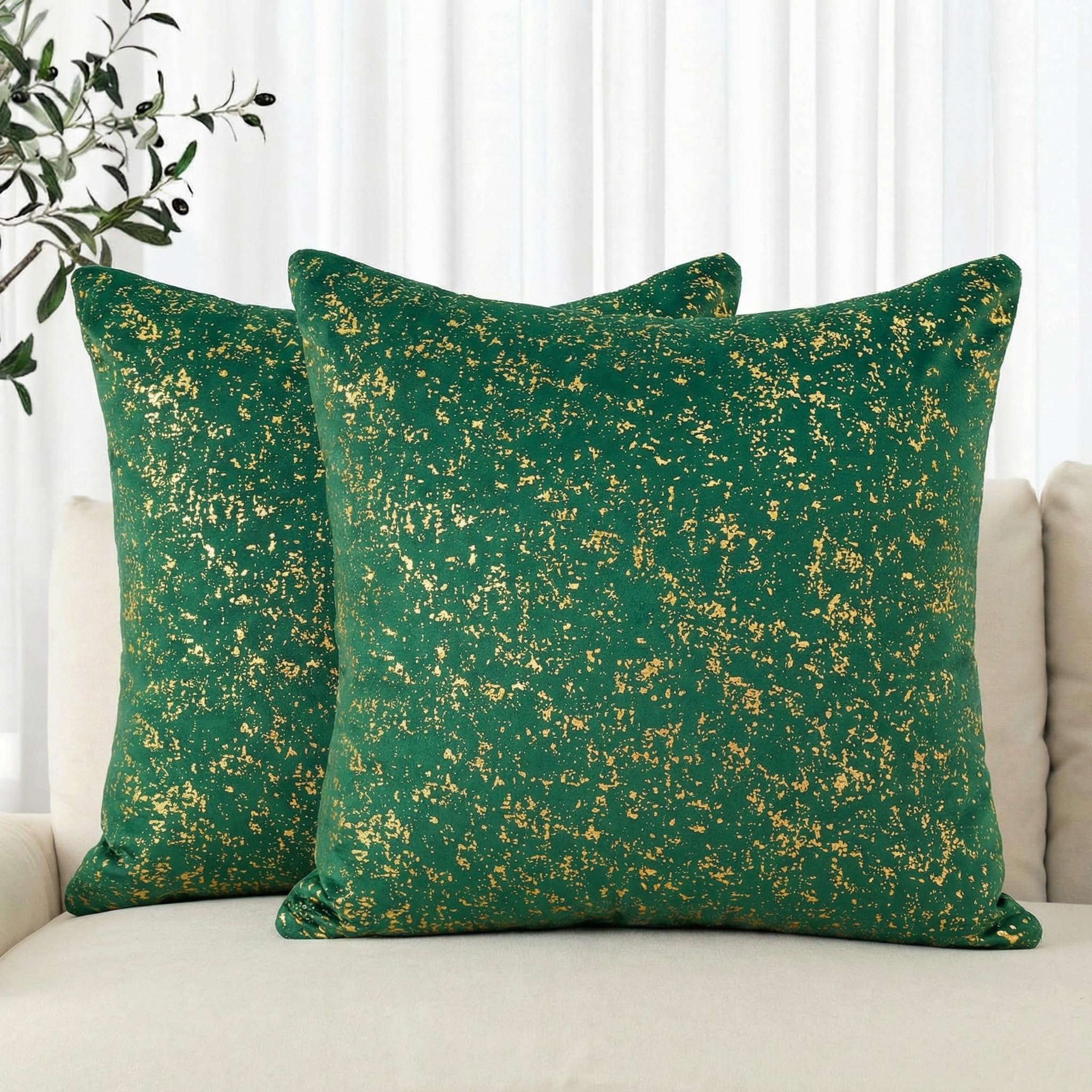 Housses de coussin en velours vert et feuille d'or de qualité