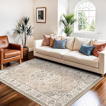 Living Room 4x6 Area Rugs: Vintage Farmhouse Washable Non-Slip Rug for Bedroom Dining Room Ultra Soft Indoor Carpet for Nursery Kitchen Durable Low-Pile Neutral Floor Mat for Pet Owners(4x6 Beige)