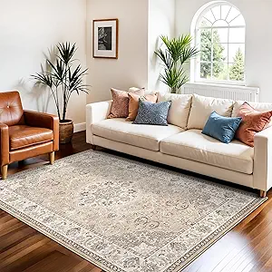 Living Room 4x6 Area Rugs: Vintage Farmhouse Washable Non-Slip Rug for Bedroom Dining Room Ultra Soft Indoor Carpet for Nursery Kitchen Durable Low-Pile Neutral Floor Mat for Pet Owners(4x6 Beige)