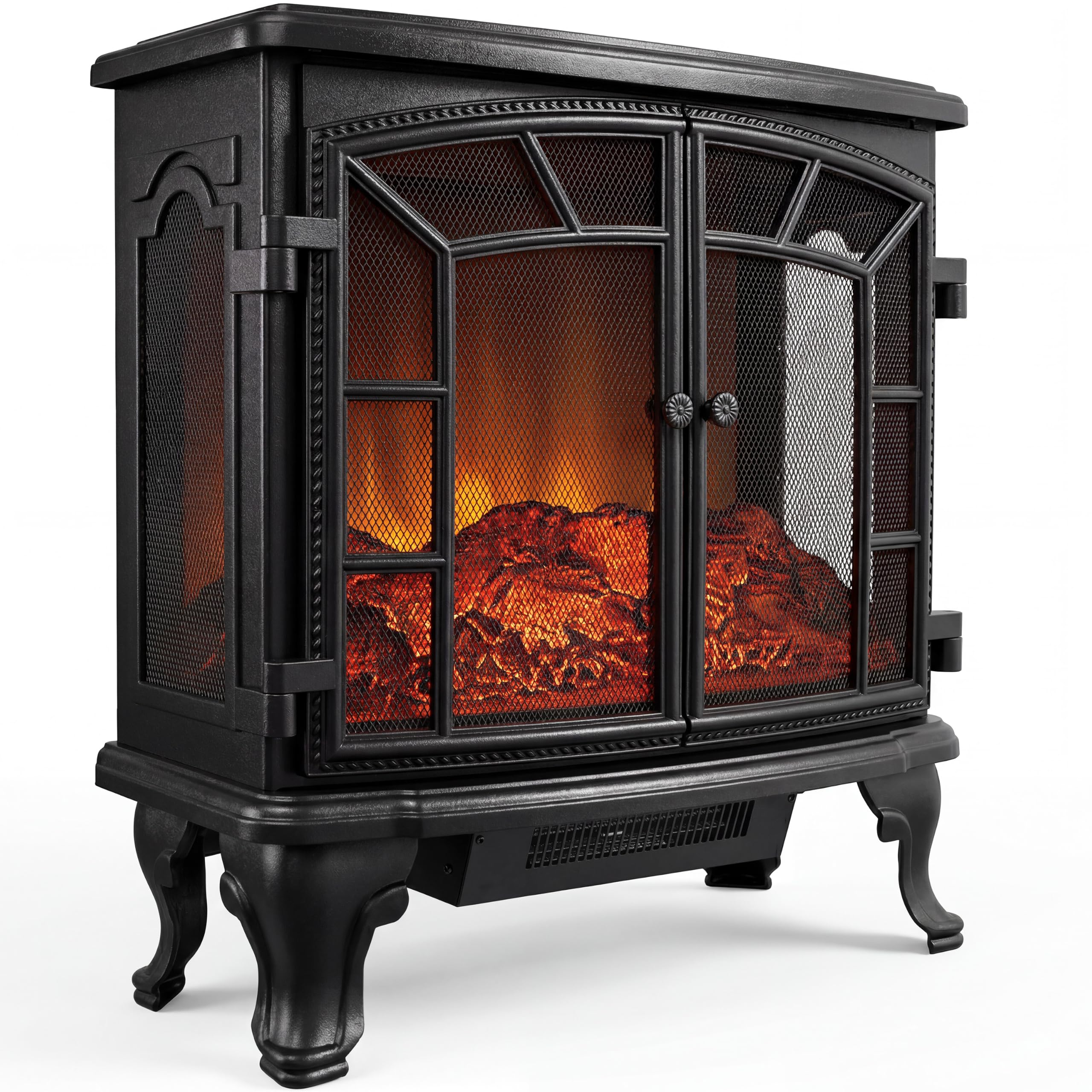 DEUBA® Cheminée électrique Effet Flamme LED Double Porte 2000W 2 Niveaux de Chauffage minuteur radiateur Chauffant cheminée décorative Noir