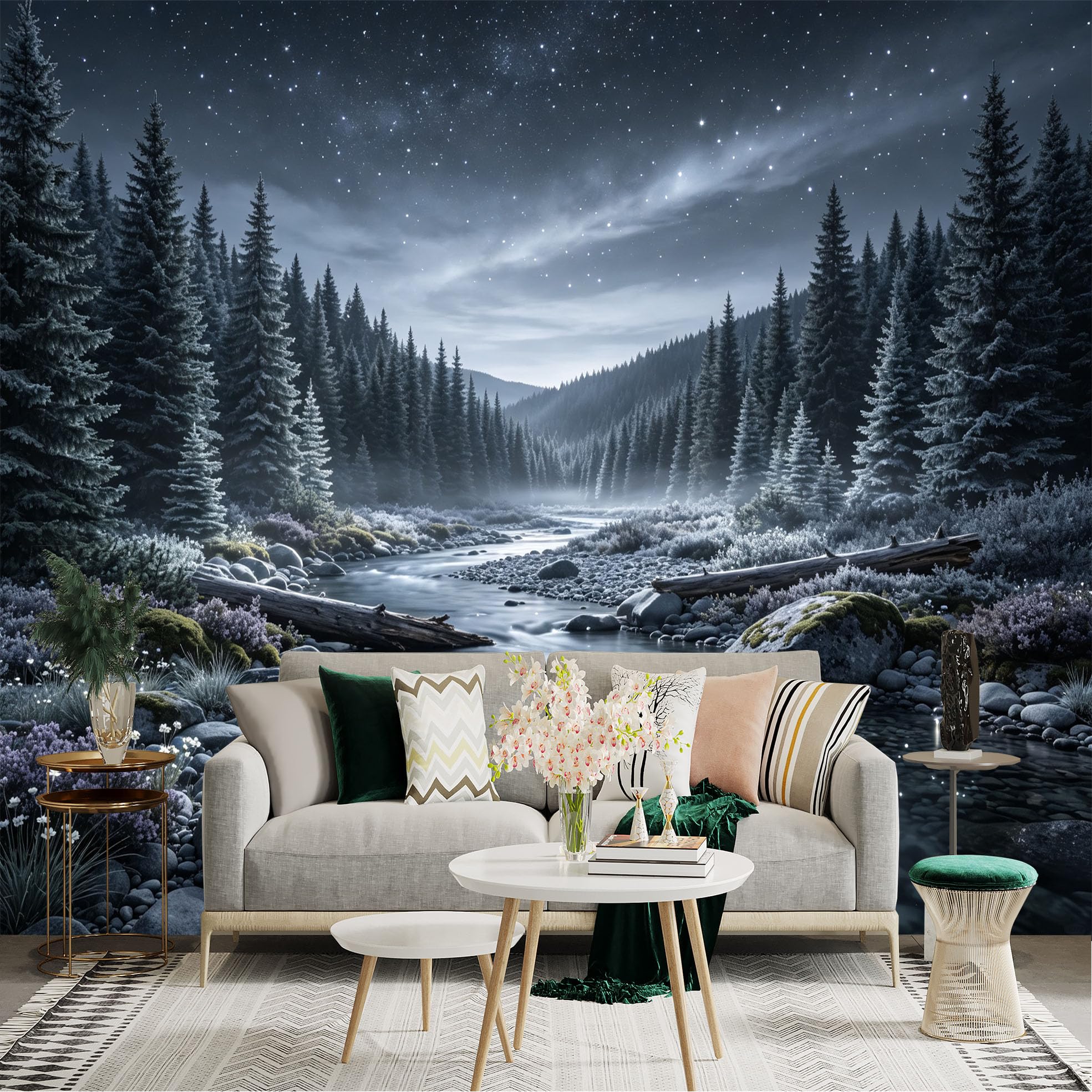 Custom Size Wall Sticker Mural， Enchanted Pine Forest River， Midnight Celestial Sky， Serene Nature Landscape， for wall Decoration， peelandstick wall Decals.