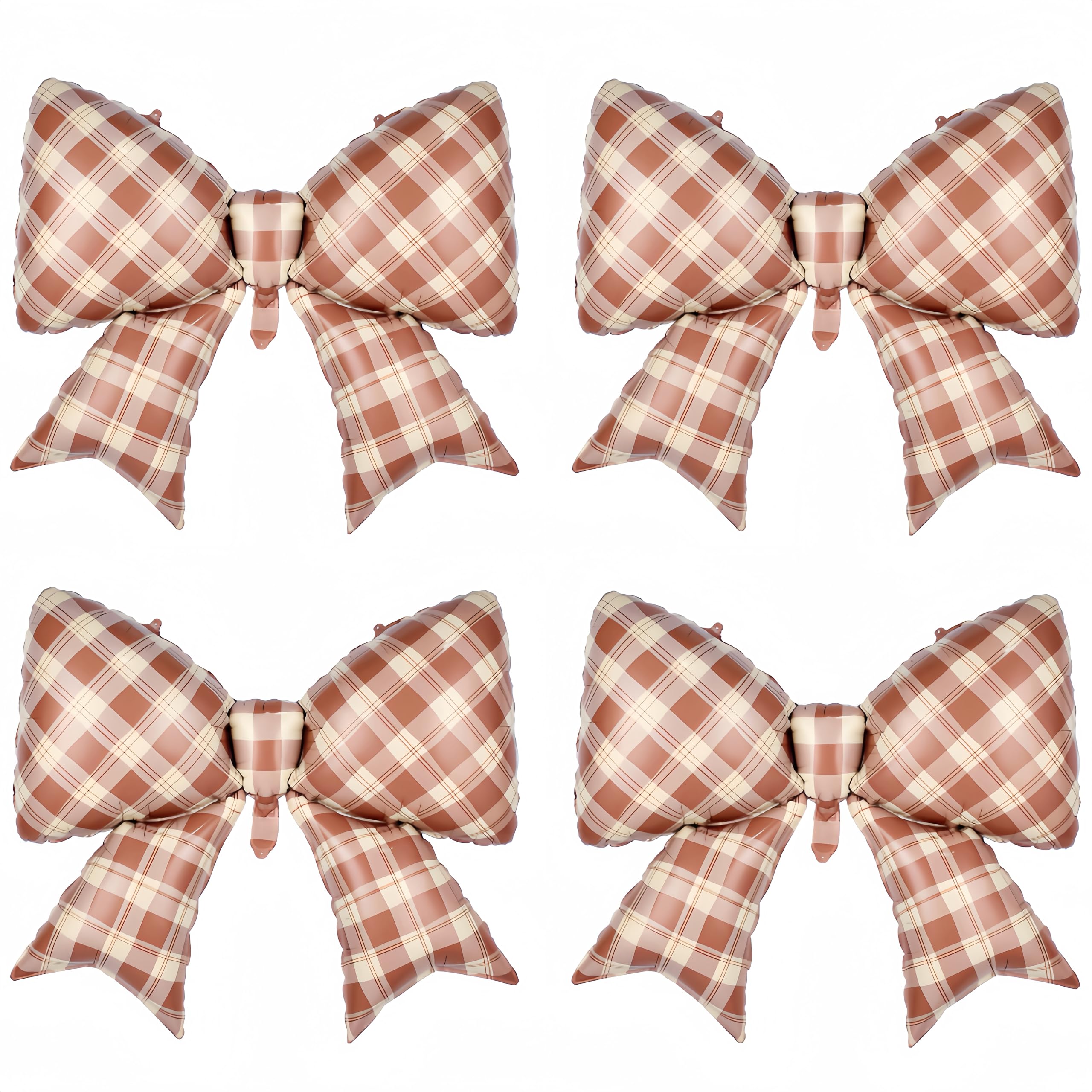4Pcs Brown Plaid Bow Balloons 38"/Rustic Gingham Bowknot Foil Balloons for Vintage Birthday,Maillard Style Birthday,Thanksgiving gatherings,Fall Party, Baby Shower & Cozy Country Party Decorations