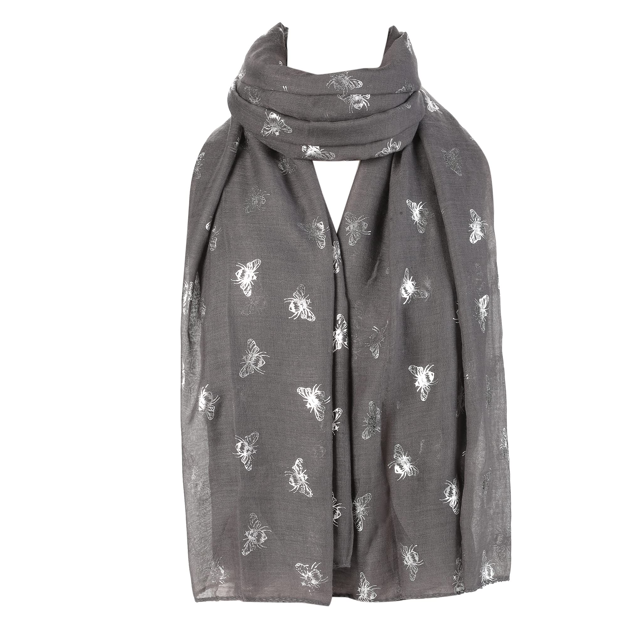London Scarfs Women's Glitter Bumble Bee Print Ladies Scarf Lightweight Fashion Wrap (Grey)