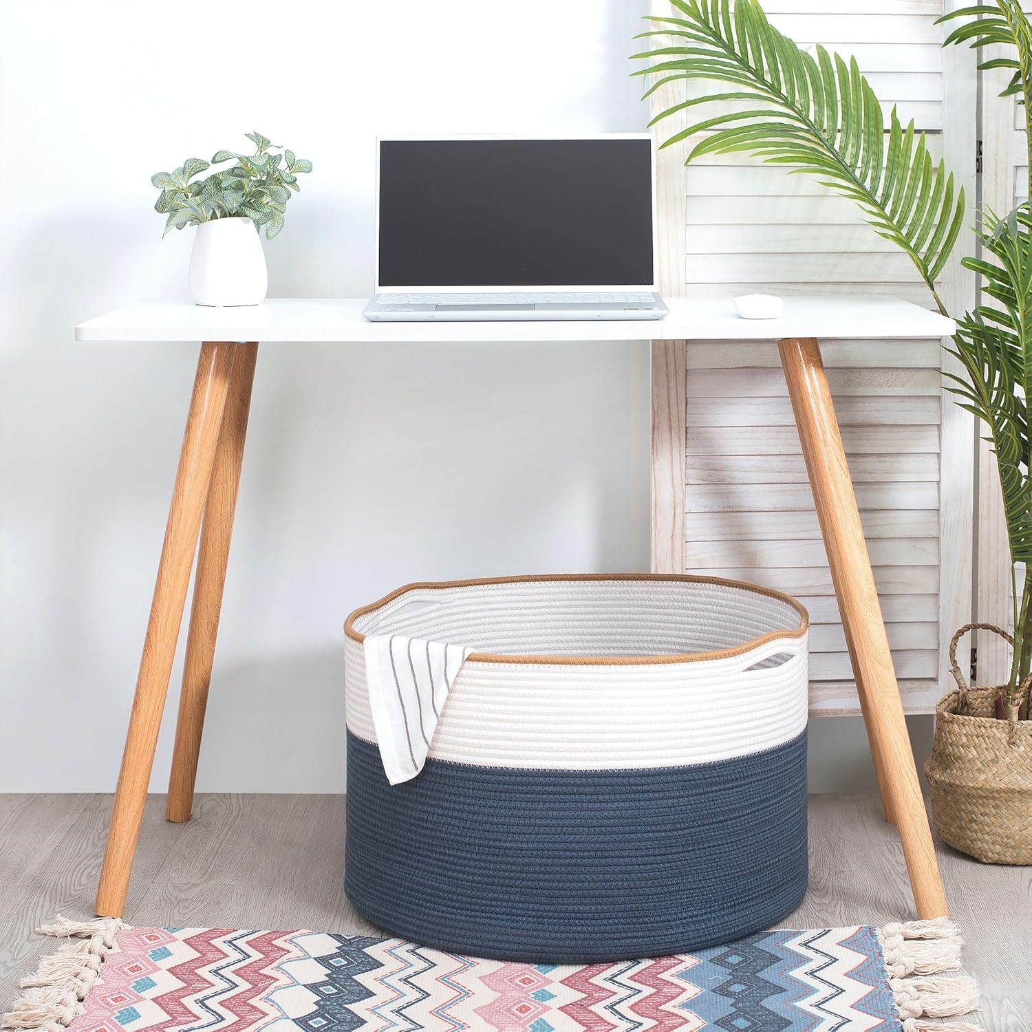 MINTWOOD Design Extra Large 22 x 14 Inches Decorative Woven Cotton Rope Blanket Storage Basket Bin Living Room and Laundry Hamper for Pillows, Pool Towels, Dog Toys, Shoes, Prussian Blue