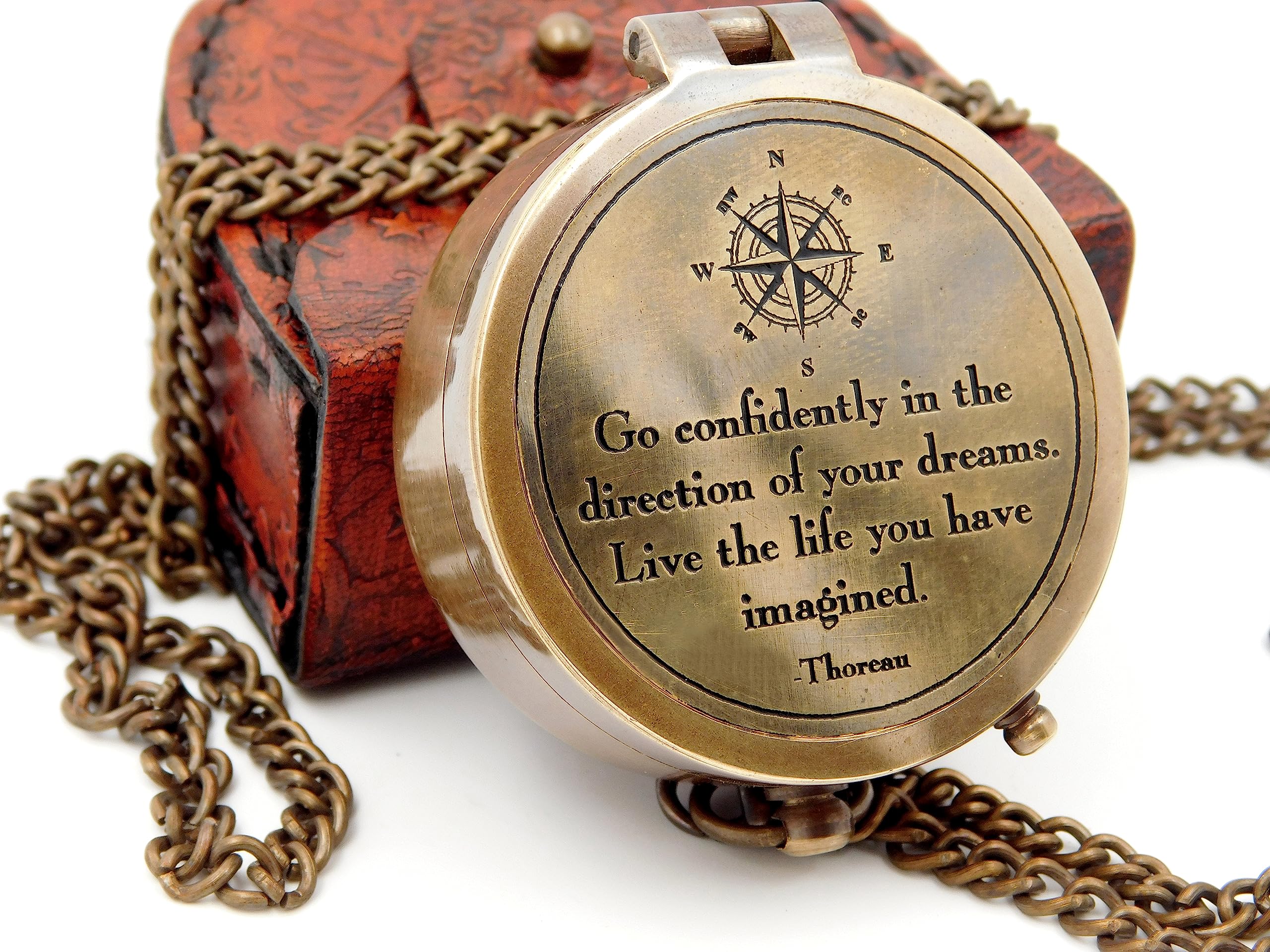Thoreau's Go Confidently Brass Engraved Compass with Stamped Leather Case