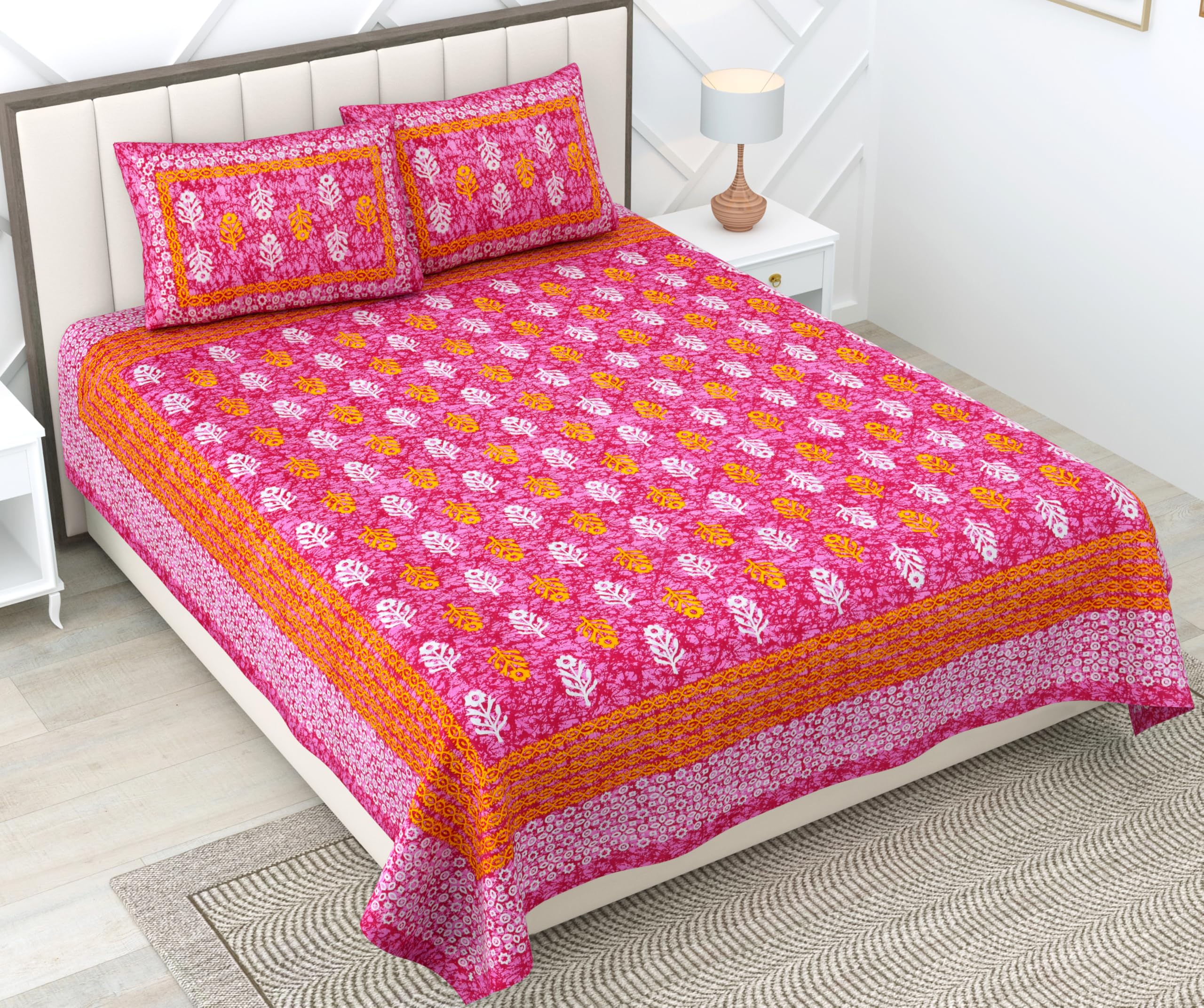 RajasthaniKart® 100% Cotton 180 TC King Size BEDSHEET with 2 Pillow Cover - 90X108 (Suitable for King Size Bed Sheet or Double Bed, Pink Booty Jaipuri, 5299)