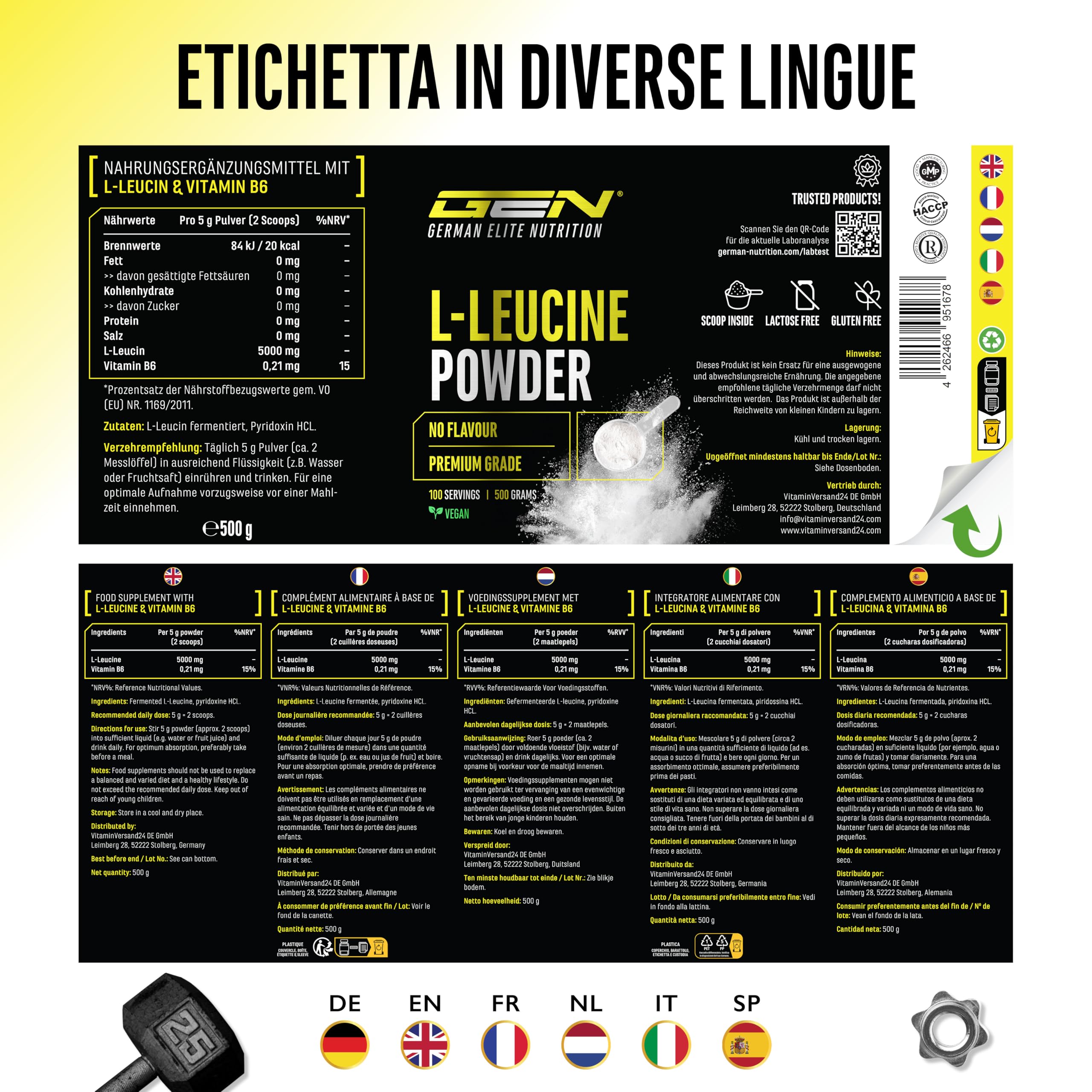 Leucina - 500 g di polvere - Elevata purezza - Materia prima premium: L-leucina naturale fermentata - Aminoacido - Senza additivi indesiderati, vegan