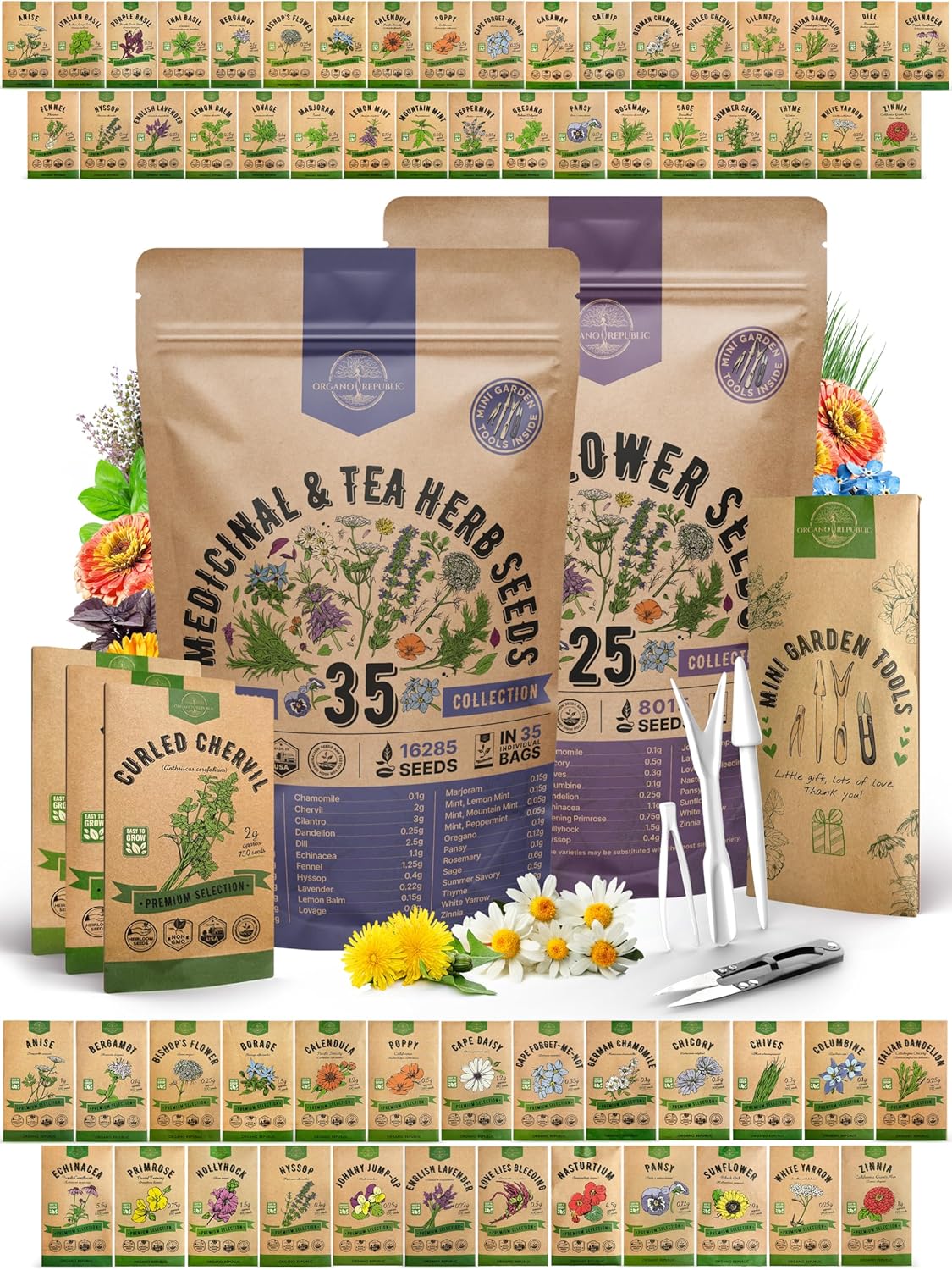 35 Medicinal & Tea Herb Seeds and 25 Edible Flower Seeds Variety Pack Bundle, 24,300+ Non-GMO Heirloom Garden Seeds for Planting Flowers and Herbs for Indoor & Outdoor Gardening