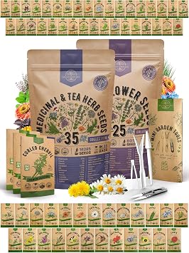 35 Medicinal & Tea Herb Seeds and 25 Edible Flower Seeds Variety Pack Bundle, 24,300+ Non-GMO Heirloom Garden Seeds for Planting Flowers and Herbs for Indoor & Outdoor Gardening