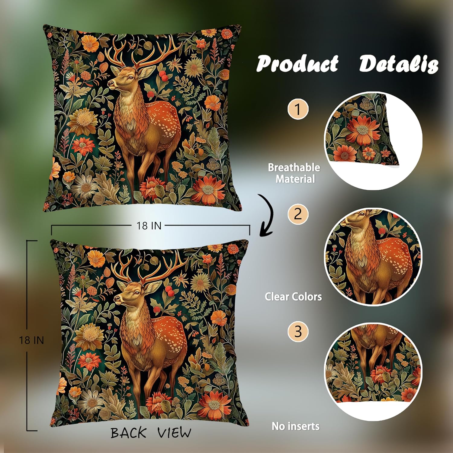 William Morris Reindeer Floral Print Pillow Covers 18x18 Double-Sided,Vintage Cottagecore Reindeer Animal Floral Decorative Throw Pillow Covers for Home Bedroom Living Room - Image 2