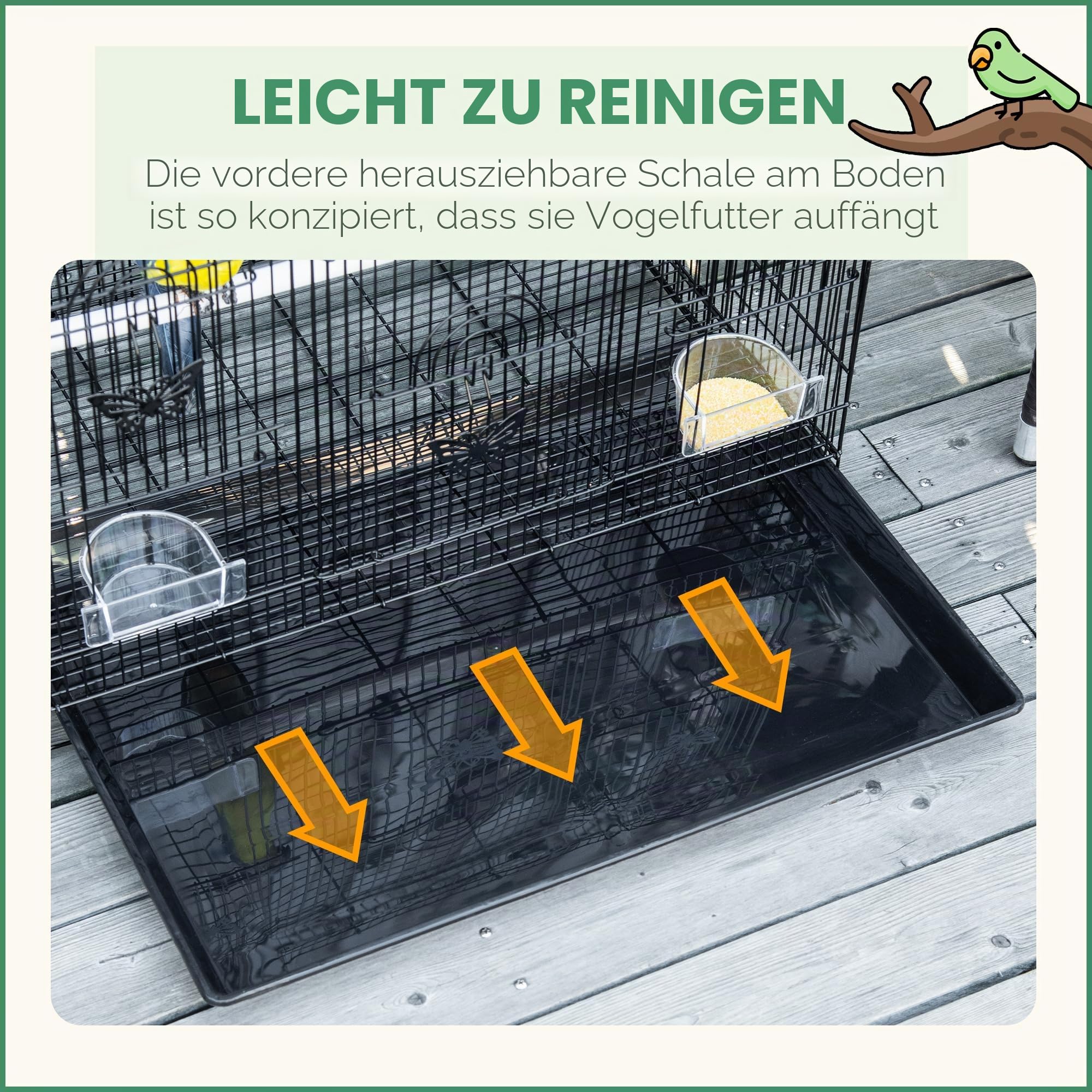 PawHut Vogelkäfig mit 2 Sitzstangen und 3 Eingängen, Voliere Vogelkäfig mit Tablett und 2 Futterbehältern, aus Metalldraht und Kunststoff, 60x41x41 cm, Schwarz | Vogelkäfig, Kanarienvogel, mit Tablett, 2 Futterbehältern, aus Draht und Kunststoff